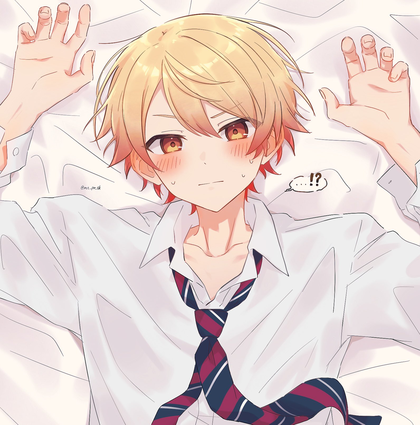 1male, blush, blushing, blushing at viewer, bottom, bottom male, clothed, clothes, cute face, femboy, gay, holding down, homosexual, male, meow, mt pr sk, oh my god, on bed, pathetic male, pinning down, project sekai, school uniform, sub male, submale, submissive, submissive male, tagme, tenma tsukasa, twink, white sheets