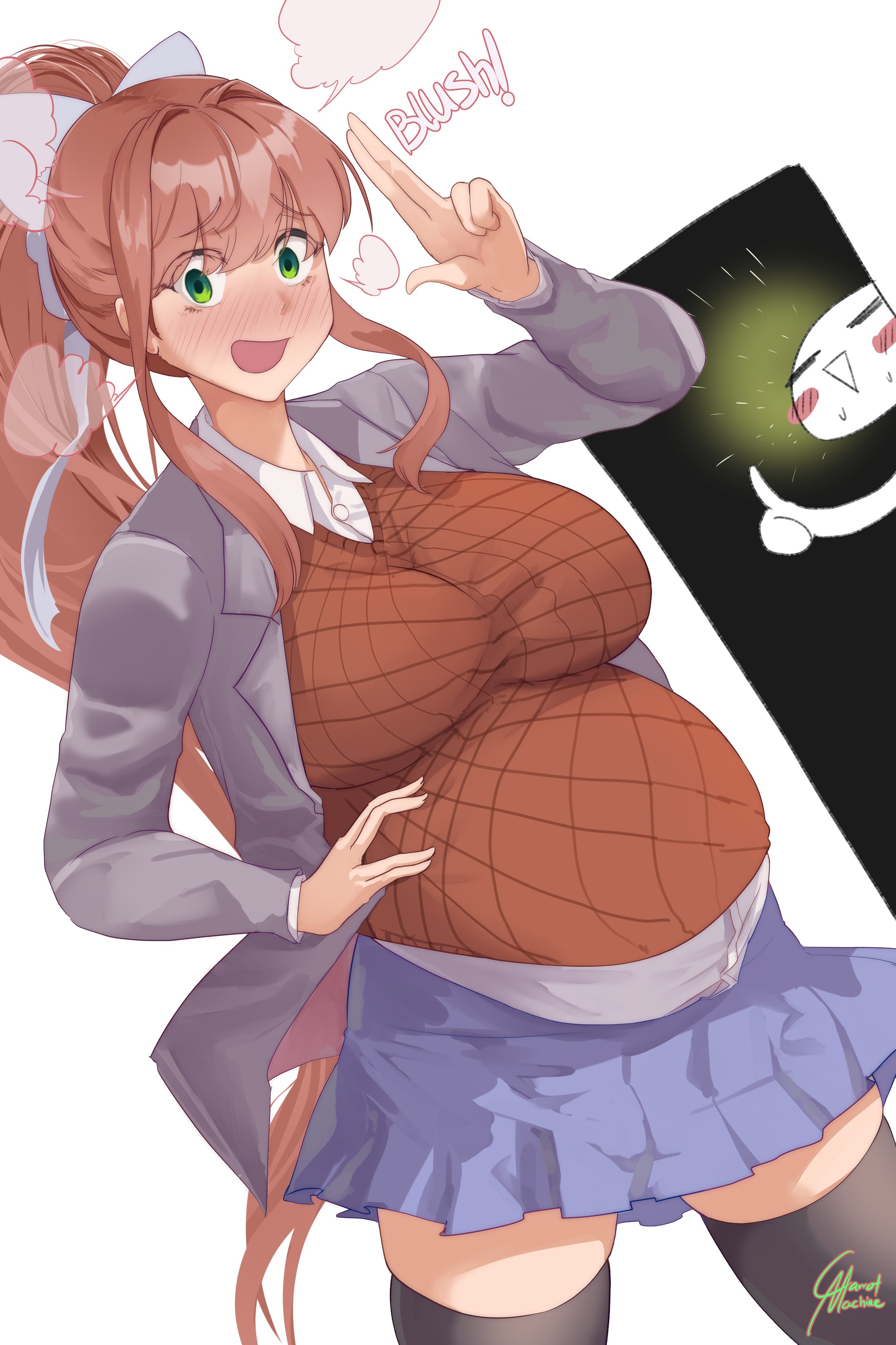 1girls, absolute territory, big belly, big breasts, bloated belly, blush, breasts, brown hair, carmach101, clothed, clothing, doki doki literature club, embarrassed, female, female focus, flustered, green eyes, long hair, monika (doki doki literature club), outgrown clothes, ponytail, pregnant, school uniform, thumbs up, tight clothing, zettai ryouiki