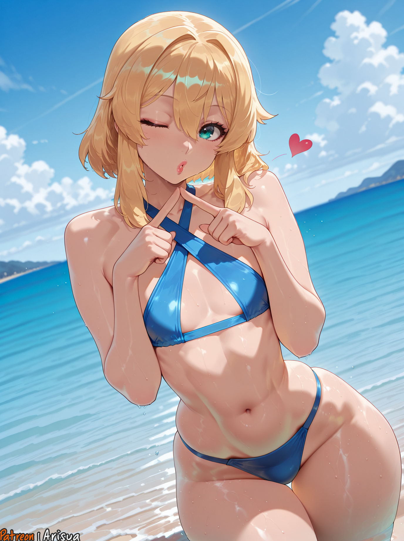 ai generated, anime, anime style, arisua, artist name, bangs, bare shoulders, beach, big breasts, bikini, blonde hair, blue bikini, blue sky, blush, breasts, bridget, bulge, cloud, cowboy shot, criss-cross halter, crossdressing, curvy, curvy body, day, female, guilty gear, hair between eyes, halterneck, heart, hi res, high quality, high res, high resolution, highres, large breasts, lips, looking at viewer, navel, ocean, one eye closed, outdoors, patreon, skindentation, sky, small breasts, solo, stomach, swimsuit, thigh gap, thighs, trans, trans woman, water, watermark, wet, wide hips