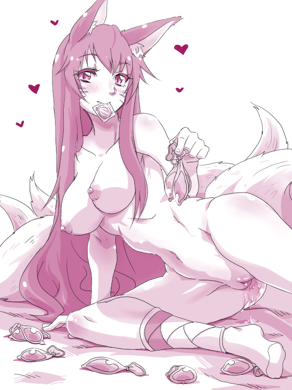 ahri animal_ears arm_support breasts condom condom_in_mouth facial_mark female fox_ears fox_tail heart league_of_legends long_hair looking_at_viewer mori_shin_risuku mouth_hold multi_tail multiple_tails navel nipples nude pussy pussy_juice sitting slit_pupils smile solo tail uncensored used_condom