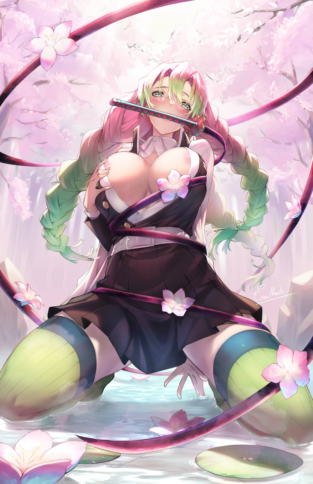 1girls, areola slip, belt, bent knees, bent legs, big breasts, biting sword, blush, bondage, breasts, brown shirt, button down shirt, cherry blossoms, cherry tree, collared shirt, demon slayer, demon slayer uniform, embarrassed, female, gainoob, grabbing own breast, green eyes, green hair, green socks, green thighhighs, holding sword, horny female, kanroji mitsuri, kimetsu no yaiba, kneeling, lily pad, long socks, mole, mole under eye, mouth hold, multicolored hair, nipple slip, open clothes, parted bangs, pink hair, pink-haired female, pond, sakura blossoms, self bondage, skirt, solo, sword, thick thighs, thighhighs, thighs, tied up, tree, water, whip, white belt, zettai ryouiki