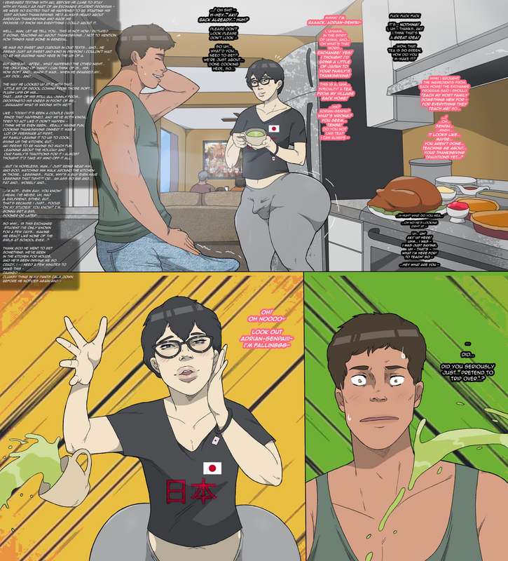 2boys, 2d, aki yamamoto (contingency), asian, big ass, big penis, bottom heavy, bottom heavy femboy, clothed, clothed male, color, comic, contingency, dialogue, english text, erection, erection under clothes, femboy, full color, gay, glasses, male, male only, multiple boys, non-nude, original, penis size difference, tenting, text, thanksgiving, wide hips
