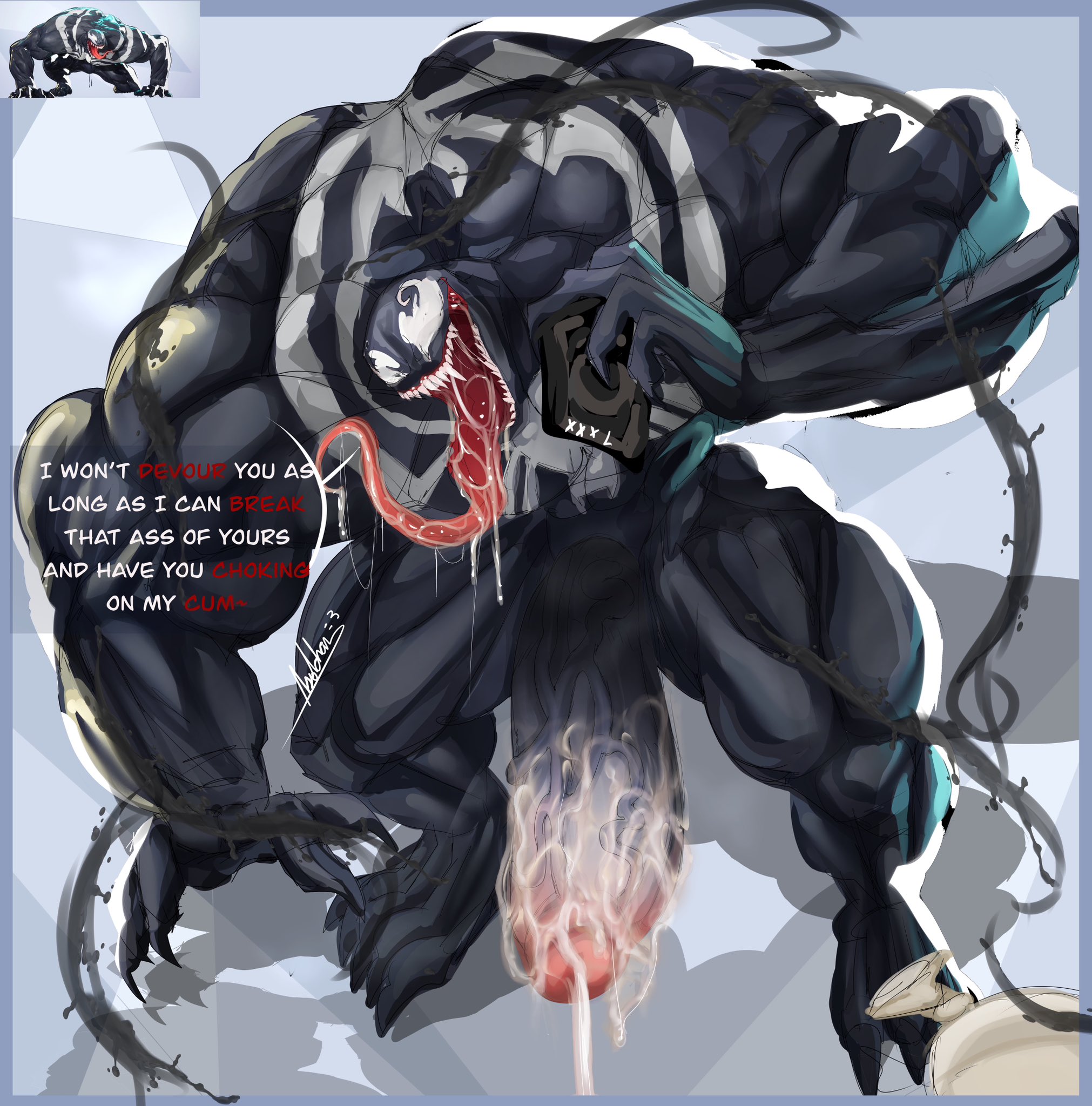 1boy, asolchan, balls, bara, big balls, big muscles, big pecs, big penis, cum, cum on penis, huge cock, huge muscles, huge pecs, humanoid, humanoid genitalia, humanoid penis, hyper penis, male, male focus, male only, marvel, marvel comics, muscles, muscular, muscular male, penis, solo, solo focus, solo male, tongue, tongue out, venom, venom (marvel), yaoi