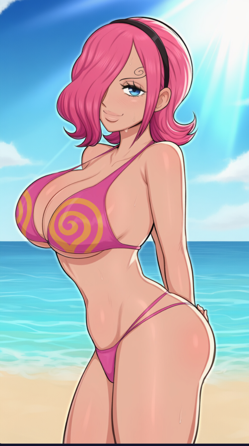 1girls, ai generated, beach, big breasts, bikini, blue eyes, breasts, female, female only, one piece, pink hair, pink-haired female, thick thighs, vinsmoke reiju, whole cake island