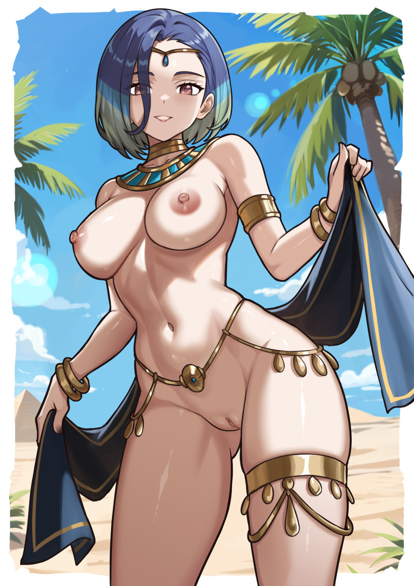 1girls, ancient egyptian clothes, aqua hair, armpit crease, bare hips, bare shoulders, blonde hair, blue hair, blue-haired female, border, breasts, brown eyes, circlet, coconut, coconut tree, desert, female, functionally nude, gold thighlet, green hair, grin, groin, hair over one eye, harem outfit, highres, jewelry, looking at viewer, medium breasts, multicolored hair, navel, nintendo, nipples, nude, palm tree, pelvic curtain, perrin (pokemon), pokemon, pokemon sv, pussy, pyramid (structure), redjet, shiny skin, short hair, smile, solo, stomach, thick thighs, thighs, three-tone hair, tomboy, tree, tsurime, uncensored, wide hips