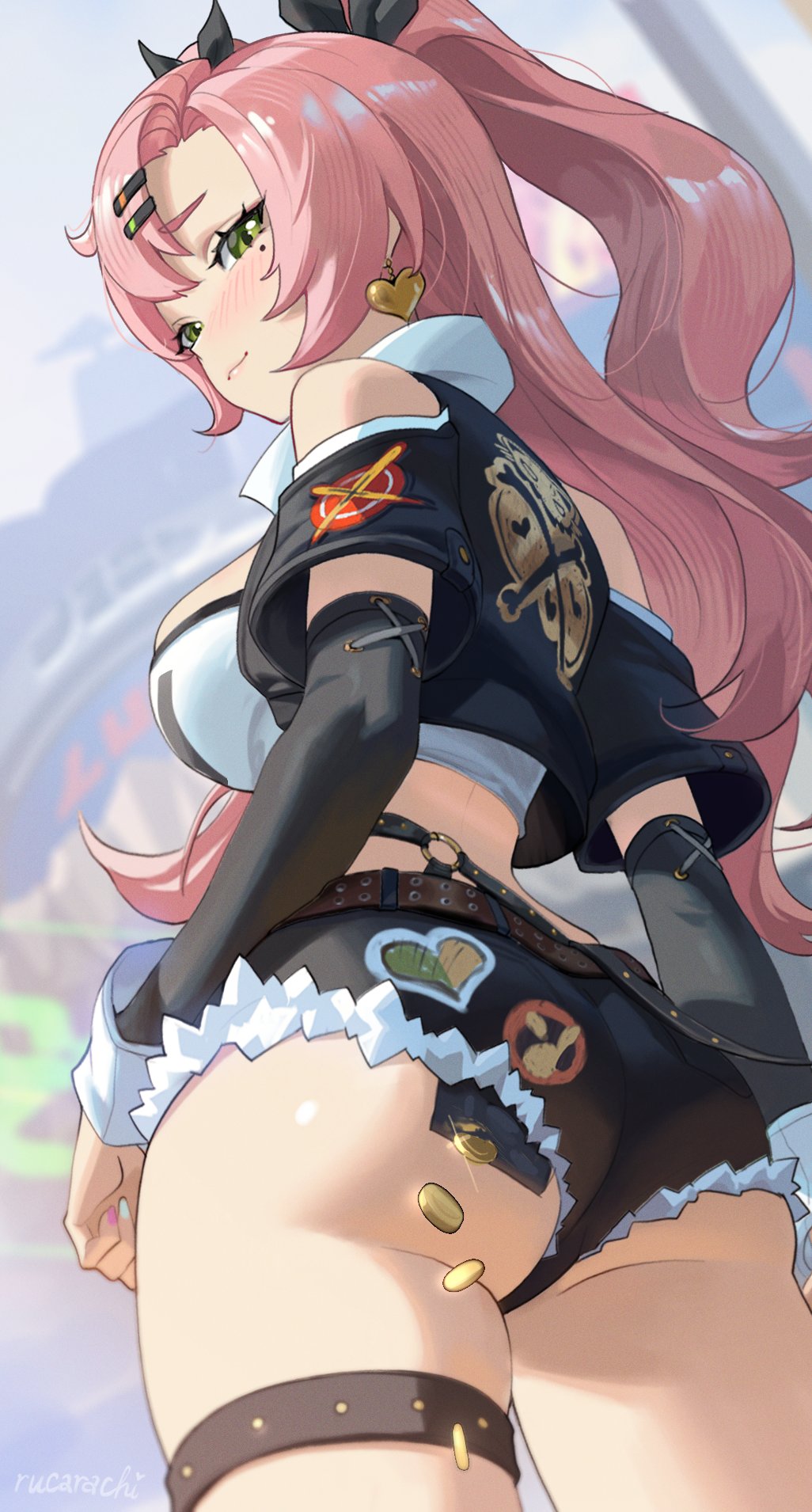 1girls, artist name, ass, ass focus, belt, big ass, big breasts, black jacket, black ribbon, black shorts, black sleeves, blue nails, blush, booty shorts, breasts, brown belt, closed mouth, clothed, clothed female, clothing cutout, coin, coins, commentary, cutoffs, day, detached sleeves, earrings, english commentary, female, female only, fingernails, from behind, green eyes, green-eyed female, hair ornament, hair ribbon, hairclip, heart, heart earrings, highres, jacket, jewelry, large breasts, long hair, looking back, median furrow, mole, mole under eye, nail polish, nicole demara, outdoors, painted nails, pink hair, pink nails, pink-haired female, pocket, ribbon, rucarachi, short shorts, shorts, shoulder cutout, smile, sole female, solo, strapless, thigh belt, thigh strap, thighs, tube top, two side up, white tube top, zenless zone zero