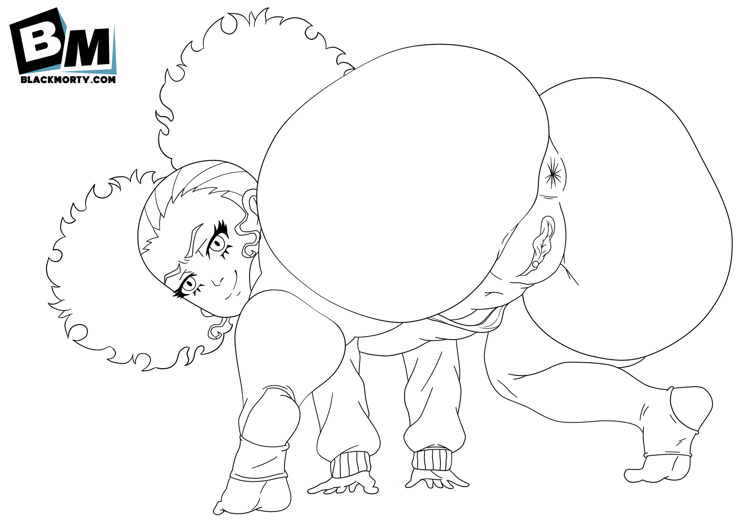 1girls, adult swim, all fours, anus, ass, big hair, blackmorty (artist), bottomless, female, from behind, greyscale, huge ass, jazmine dubois, line art, long hair, looking at viewer, looking back, monochrome, navel, pussy, solo, sweater, the boondocks, thick thighs, thighhighs, toeless legwear, twintails, wide hips