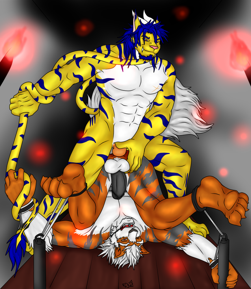 anthro arcanine bondage bound canine feline fire fur furry furry_only gay horn hunterramirez mammal muscles nintendo pockemon pokemon pokemon_(species) sex smile strypes tiger video_games