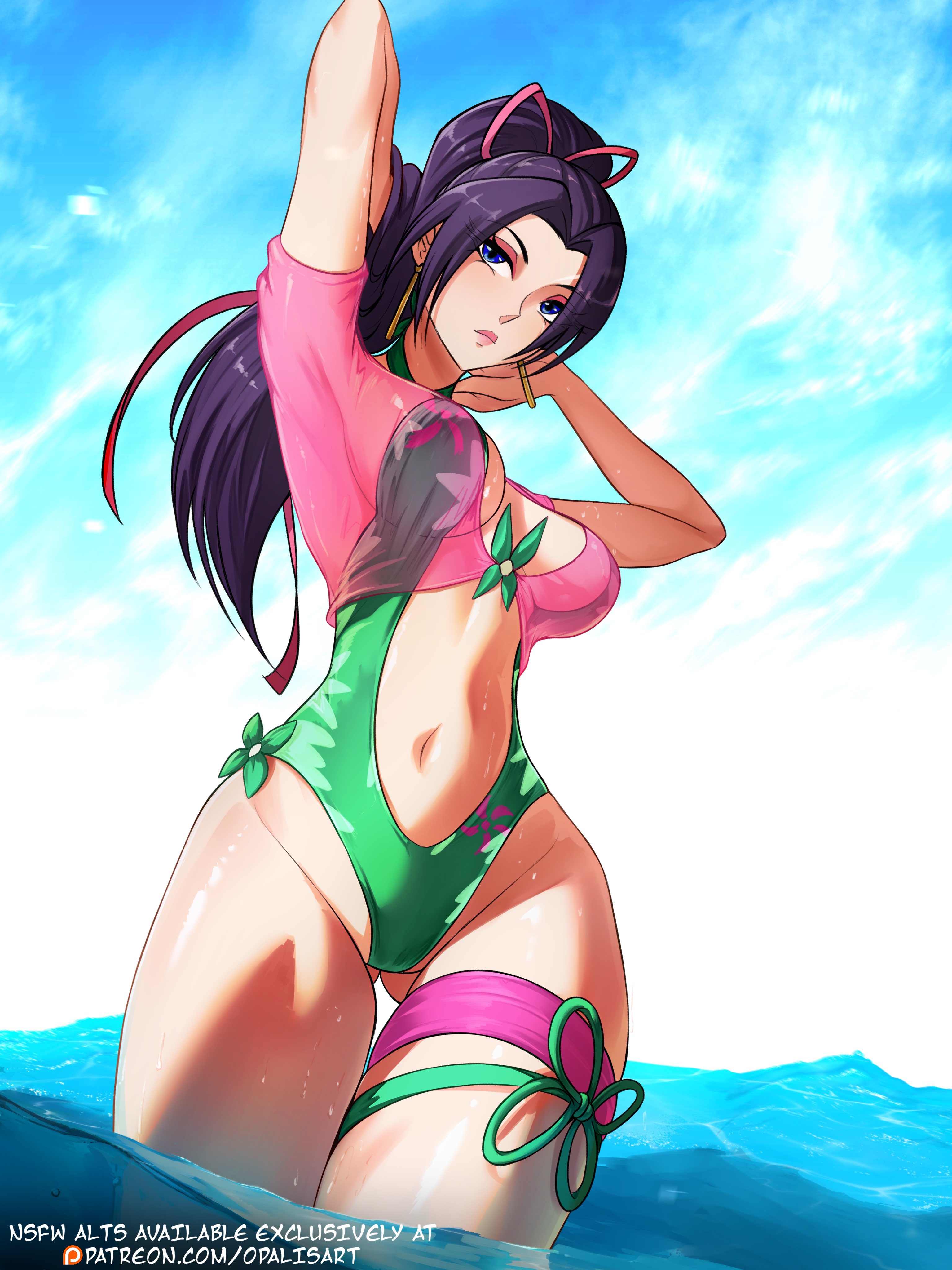 1girls, asian female, ass, ass visible through thighs, big breasts, bikini, black lipstick, breasts, busty, cameltoe, curvy, female, green nails, highres, light skin, light-skinned female, makeup, marvel, marvel rivals, opalisart, ponytail, psylocke, psylocke (marvel rivals), psylocke (sai) (breezy butterfly), purple hair, purple-haired female, solo, swimsuit, thick thighs, x-men