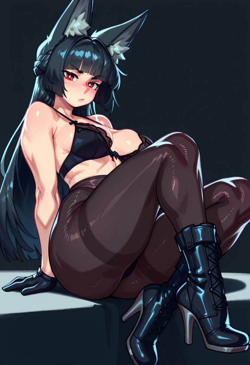 ai generated, animal ears, black hair, boots, breasts, curvy, female, gravure soraka, hoshimi miyabi, lingerie, medium breasts, pantyhose, partially clothed, red eyes, zenless zone zero