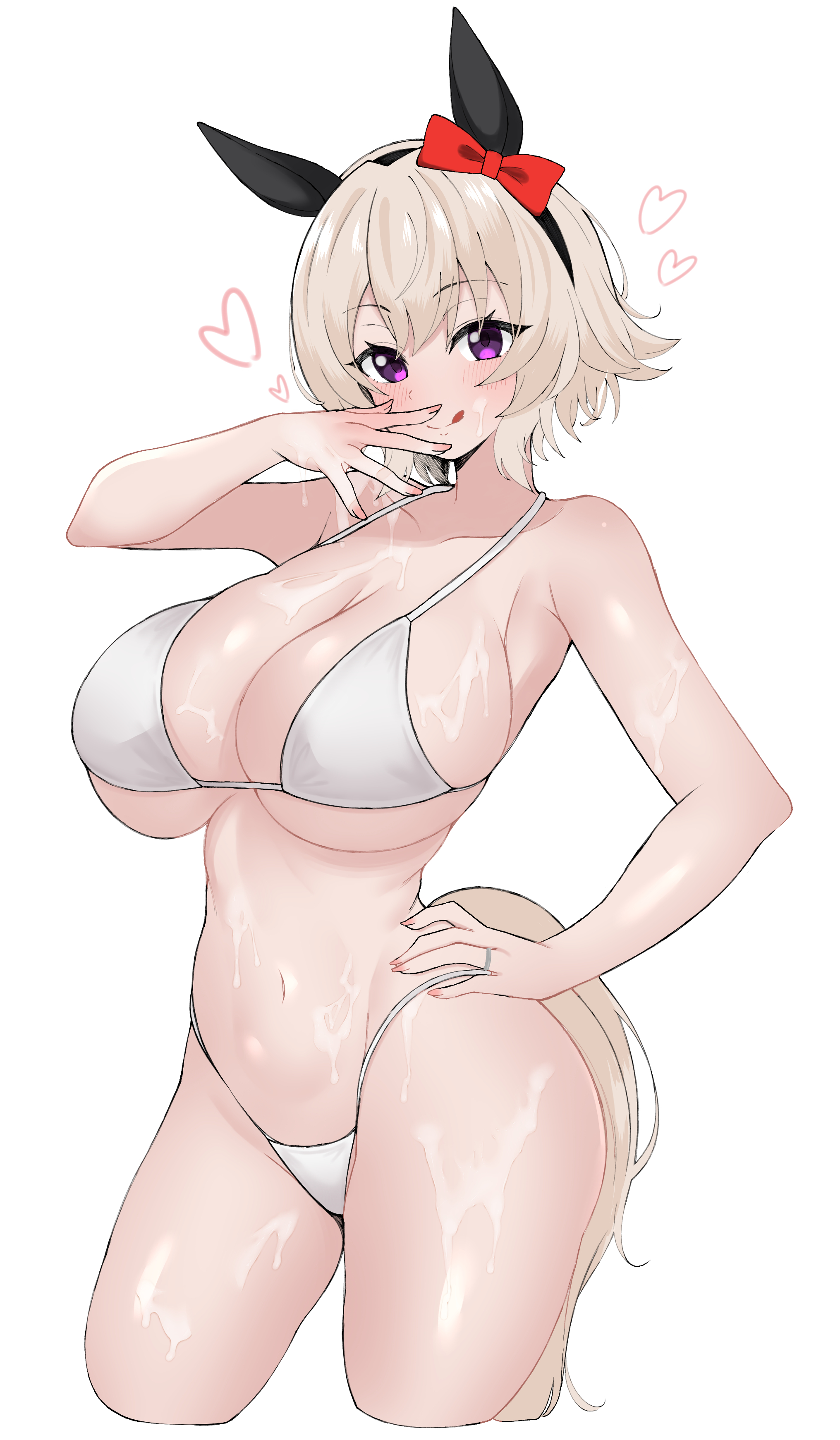 1girls, animal humanoid, bad pixiv id, bikini, blush, bow, breasts, cleavage, curren chan (umamusume), eyebrows visible through hair, female, female only, hair ribbon, heart, horse ears, horse girl, licking lips, light skin, light-skinned female, looking at viewer, puchimosu (mosu1427), purple eyes, ring, short hair, smile, solo, suggestive fluid, swimsuit, umamusume, umamusume pretty derby, white background, white bikini, white hair