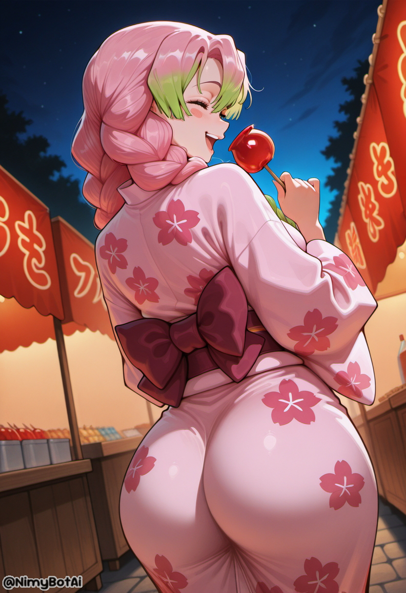 ai generated, ass, blush, braid, breasts, candy apple, demon slayer, female, festival, floral print, food, gradient hair, green hair, high resolution, highres, japanese clothes, kanroji mitsuri, kimetsu no yaiba, kimono, large breasts, long hair, long sleeves, mole, mole under eye, multicolored hair, night, night sky, nimybotai, obi, open mouth, outdoors, pink hair, pink kimono, sash, sky, smile, solo, summer festival, twin braids, twitter username, yukata