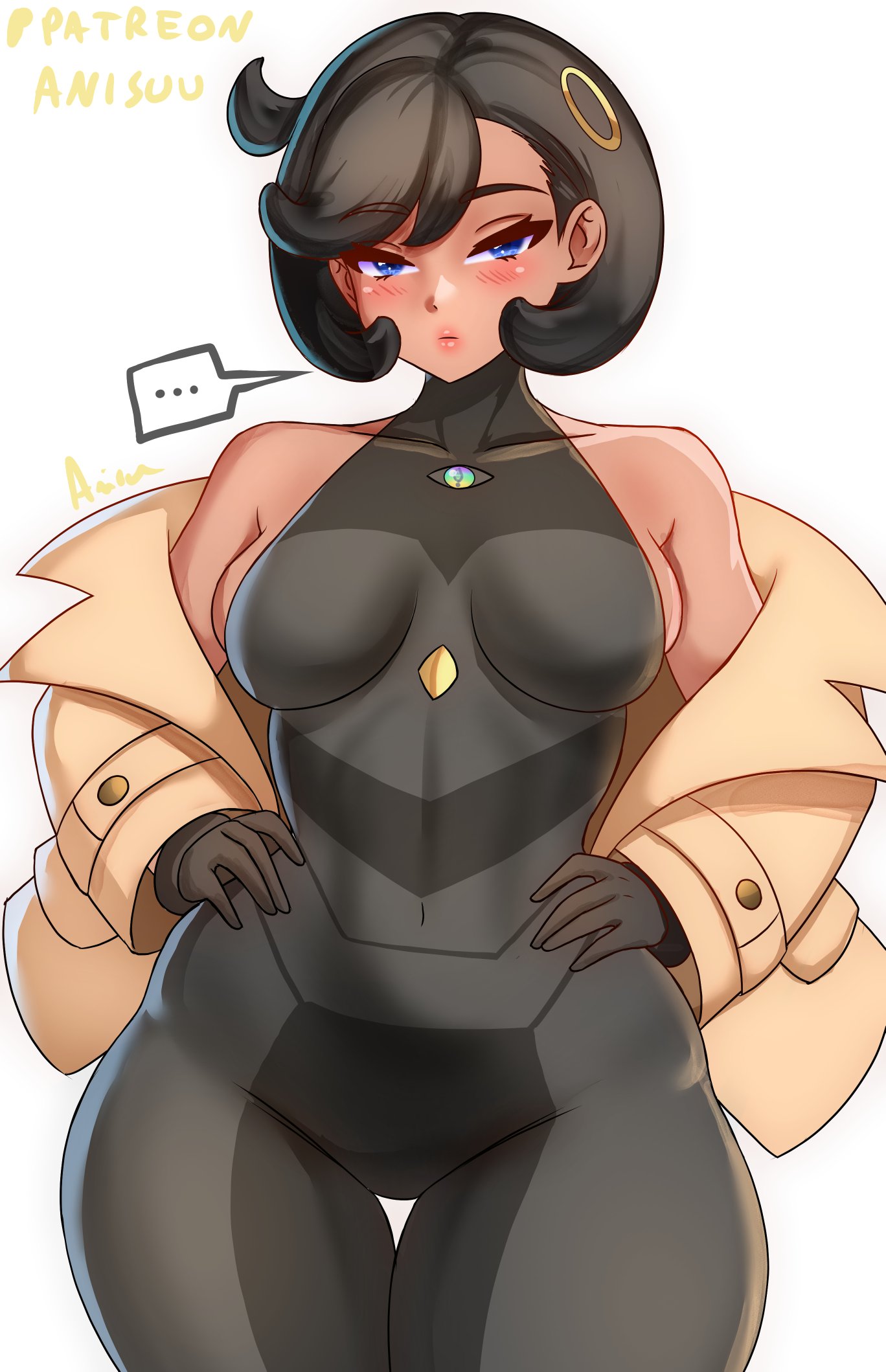 ..., 1girls, anisdrawn, black hair, blush, bodysuit, coat, dark skin, emma (pokemon legends: z-a), emma (pokemon), exposed shoulders, female, female only, game freak, hair ornament, hands on hips, human, human only, jacket, jpeg, lips, matiere (pokemon legends: z-a), matiere (pokemon), mega stone, nintendo, pokemon, pokemon legends: z-a, sfw, short black hair, short hair, slight blush, solo, tagme, tan body, thick thighs, tight clothing, tomboyish, trenchcoat, wide hips