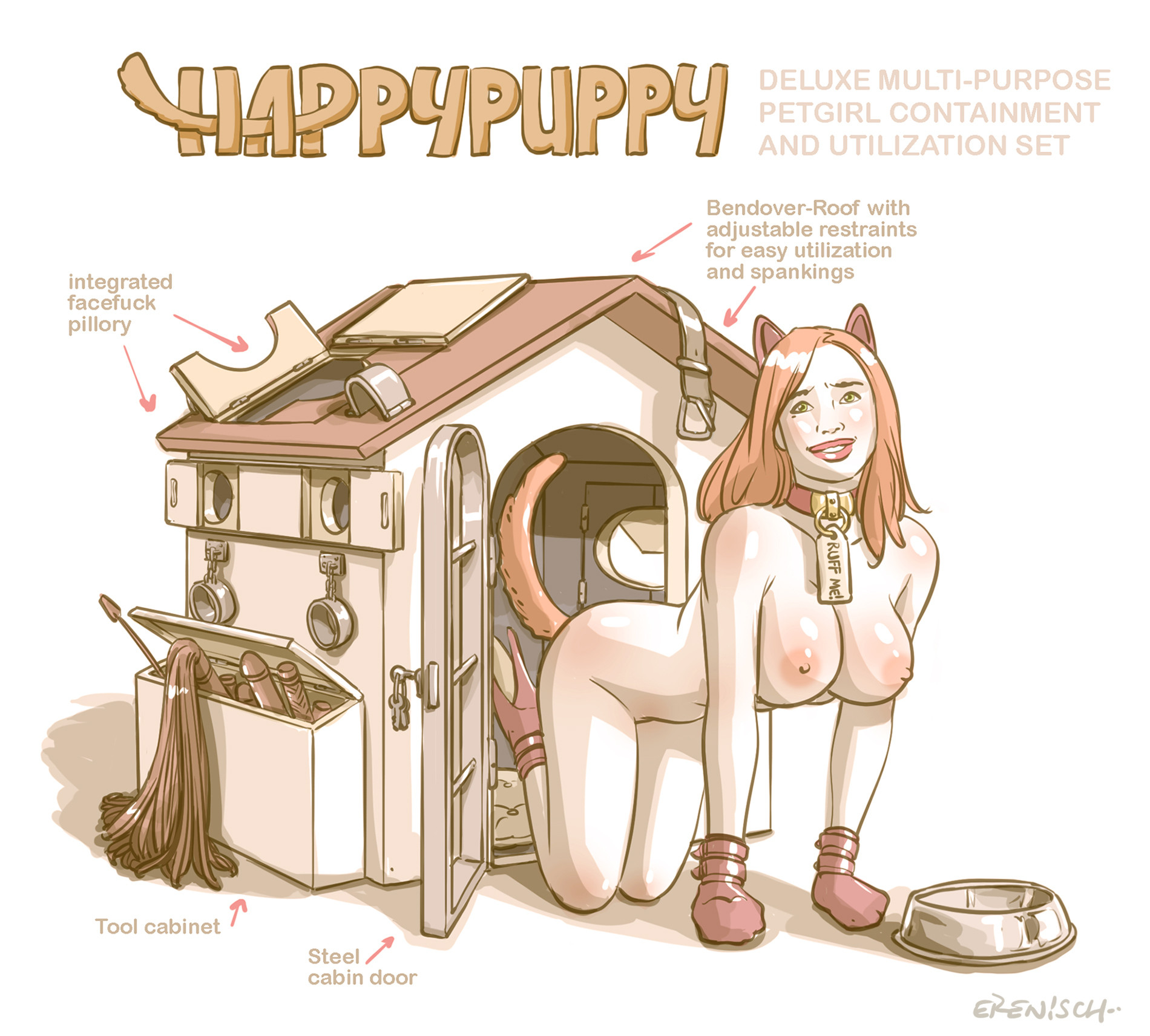 1girls, all fours, anal, bitchsuit, bondage, bondage gloves, bondage mittens, bound, bound hands, bowl, buttplug, buttplug tail, cage, collar, collar tag, dildo, dog bowl, dog collar, dog ears, doghouse, english text, erenisch, female, hands and knees, headband, high heels, illustration, legal slavery, mittens, naked, nude, on all fours, pet, petplay, pretends to be someone else, puppygirl, red hair, slave, slavery, tailplug, text, whip
