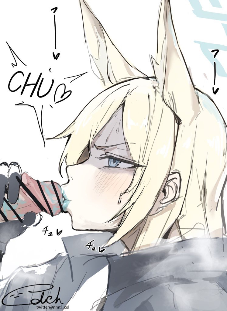 animal ears, blue archive, censor bar, censored, dog girl, female, halo, kanna (blue archive), kissing penis tip, kissing tip, lipstick, male, nmti col, oral, penis