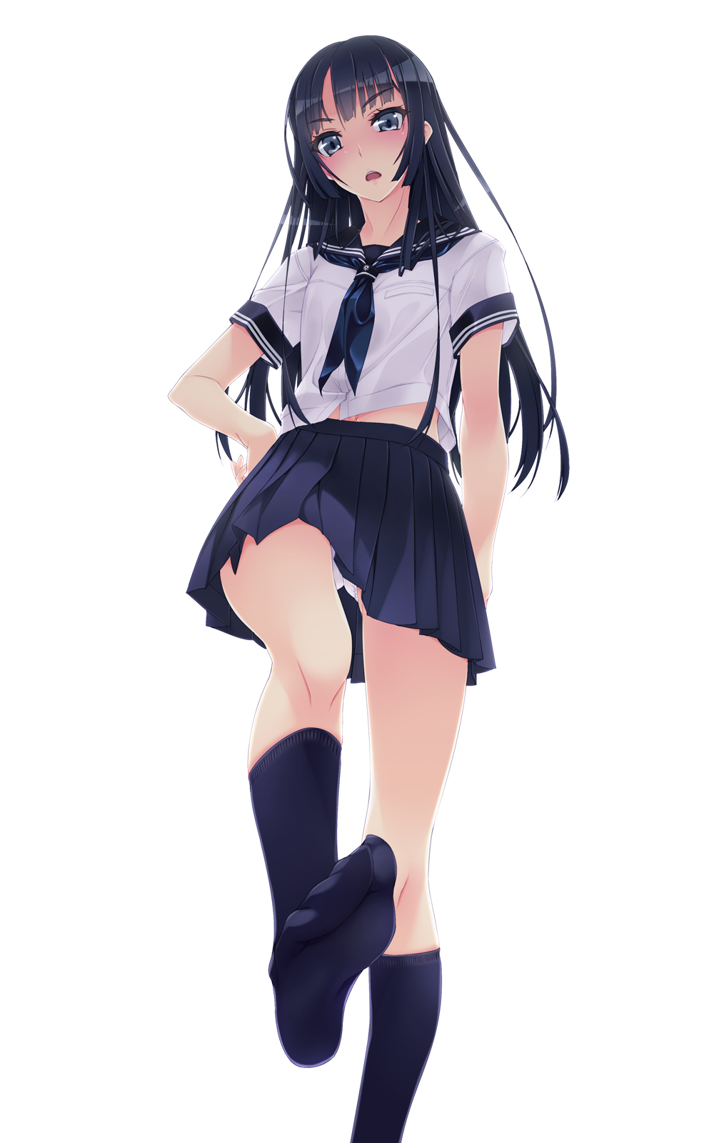 1girls, black eyes, black hair, black socks, blush, d:, feet, female, green eyes, highres, hime cut, knee socks, kneehighs, kneesocks, midriff, murakami suigun, navel, open mouth, original, panties, pantyshot, pantyshot (standing), pov feet, school uniform, skirt, socks, solo, standing, underwear, upskirt