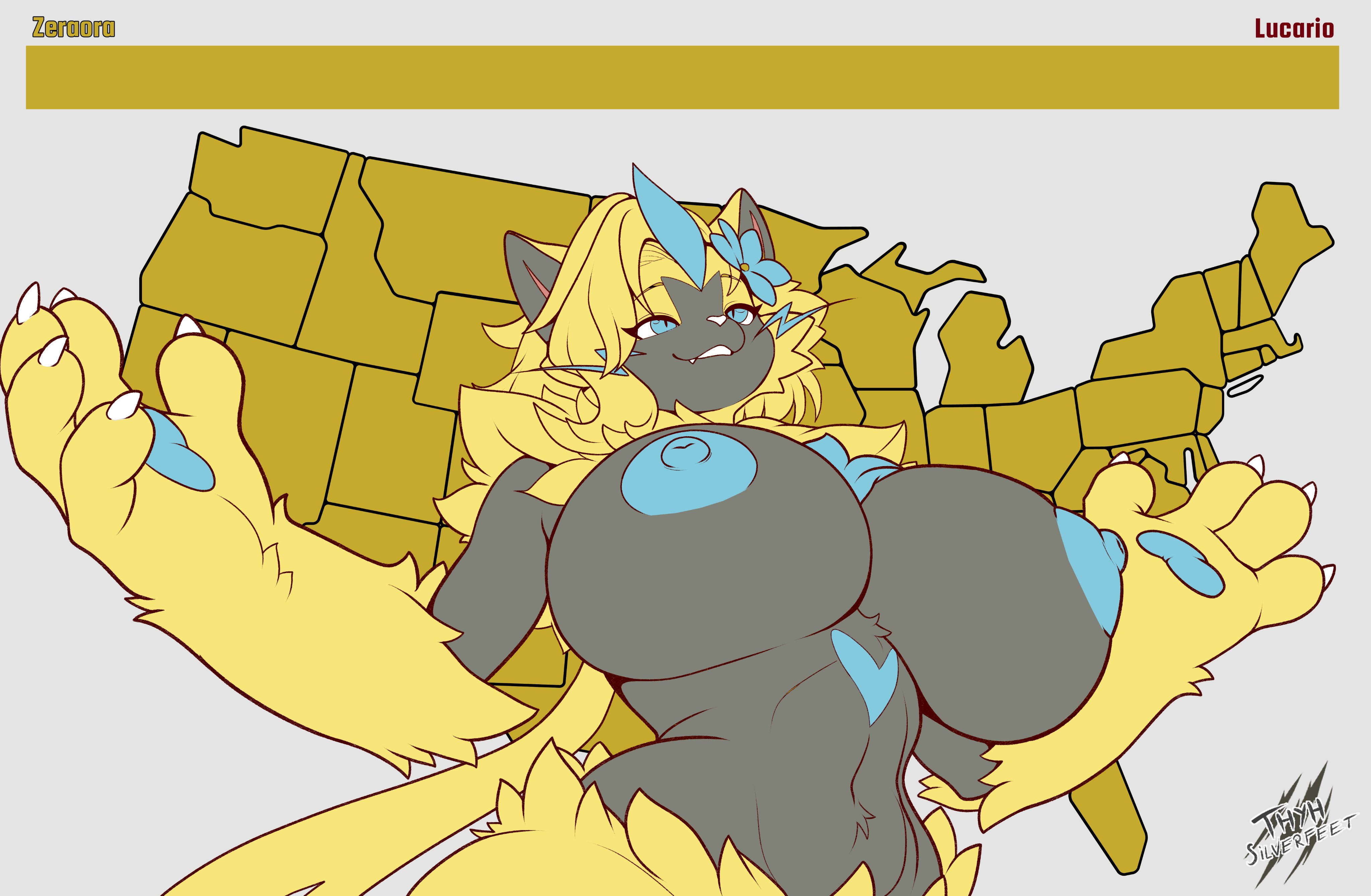 aurora (nbanoob), big breasts, breasts, cleavage, female, furry, huge breasts, nipples, pokemon, pokemon (species), tagme, thick thighs, thyhsilverfeet, wide hips, zeraora