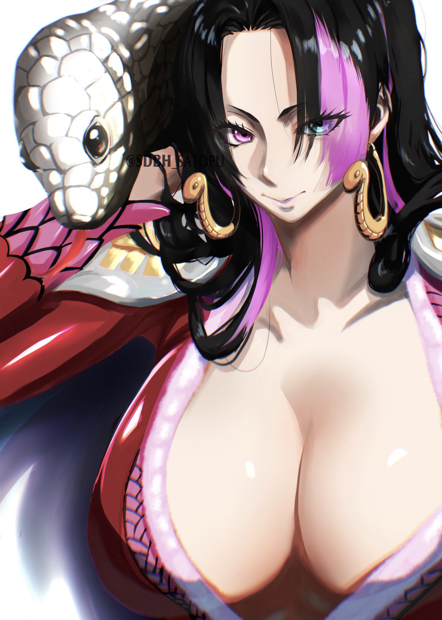 1girls, artist name, black hair, black-haired female, boa hancock, breast focus, breasts, busty, capcom, cleavage, crossover, female, female only, heterochromia, huge breasts, juri han, light skin, light-skinned female, one piece, pink streak, sdbh satopu, snake, snake earrings, solo, street fighter, upper body
