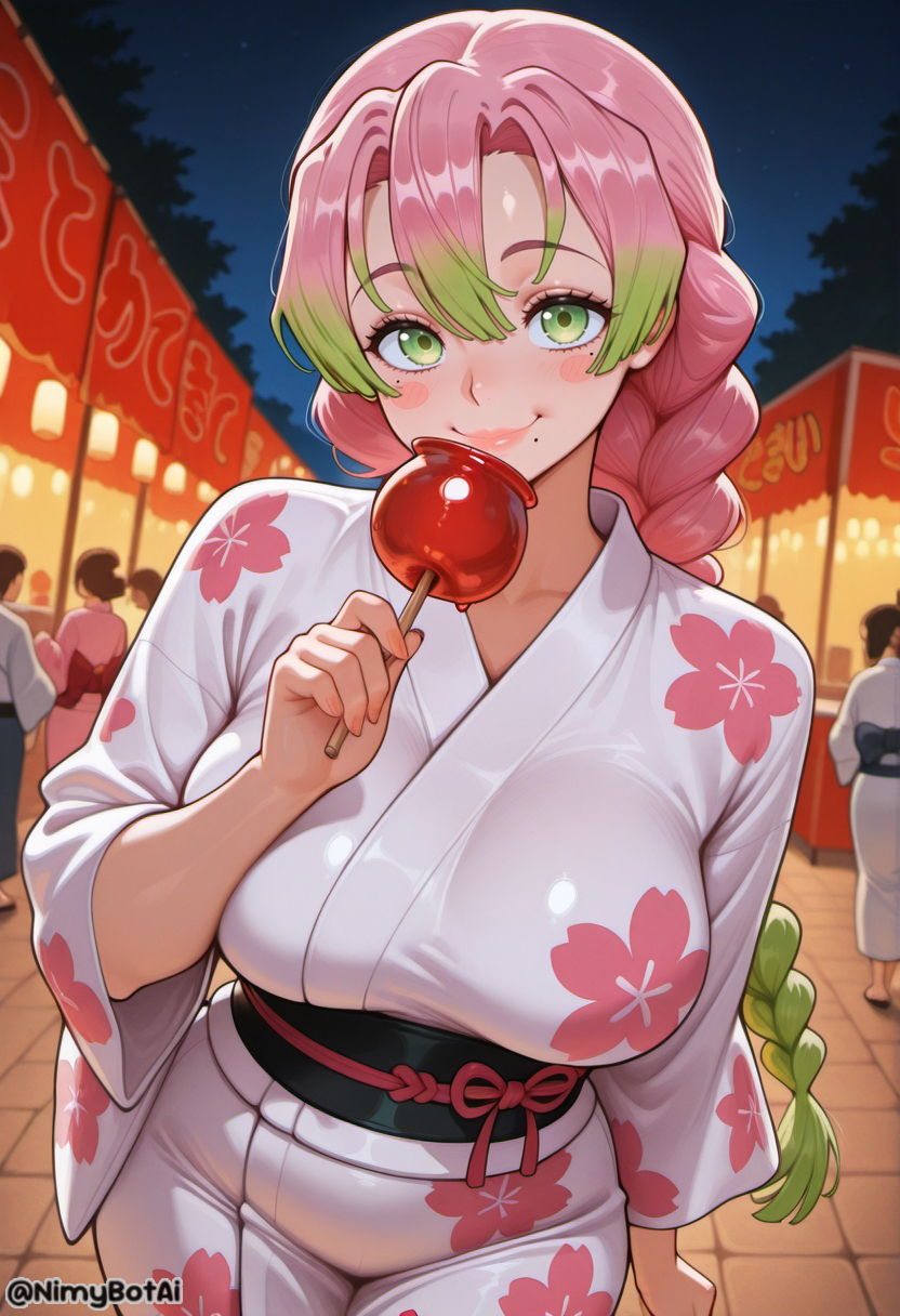ai generated, bangs, blush, braid, breasts, candy apple, demon slayer, female, festival, floral print, food, gradient hair, green eyes, green hair, hair between eyes, high resolution, highres, holding, holding food, japanese clothes, kanroji mitsuri, kimetsu no yaiba, kimono, large breasts, lips, long hair, looking at viewer, mole, mole under eye, multicolored hair, night, nimybotai, obi, outdoors, pink hair, sash, sky, smile, solo focus, summer festival, twin braids, twitter username, yukata