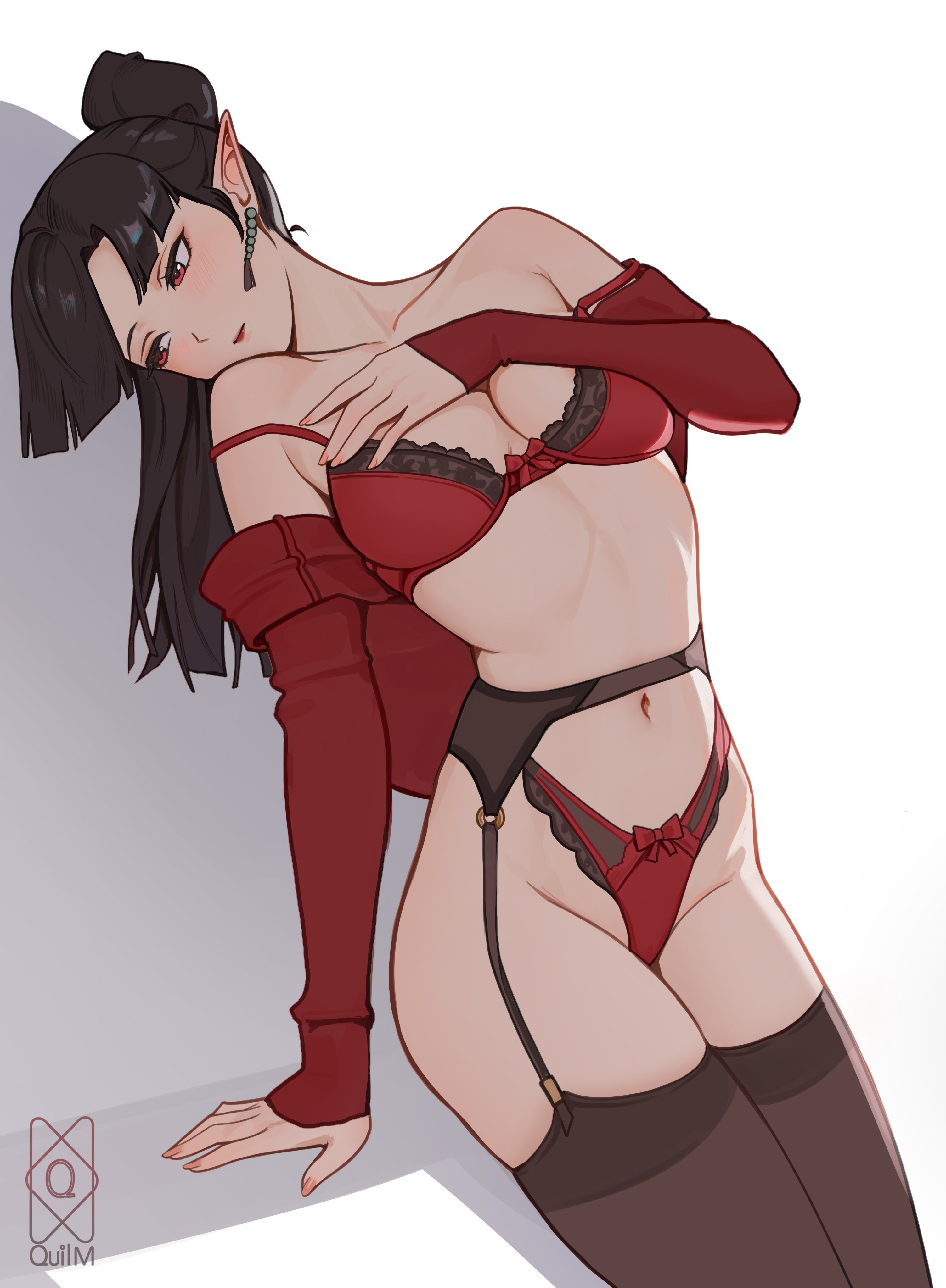 1girls, arm covers breast, artist logo, artist name, black hair, blunt bangs, bow bra, bow panties, breast squeeze, breast squish, breast suppress, commission, demon, demon girl, earrings, female, female only, female torso, garter belt, hand on own chest, highleg, highleg panties, inuyasha, jewelry, kagura (inuyasha), lace trim, lace-trimmed bra, lace-trimmed panties, lingerie, looking away, looking down, medium breasts, navel, off shoulder, pointy ears, ponytail, questionable, quilm, red bra, red eyes, red panties, red shirt, shadow, shirt, simple background, sitting, solo, solo female, thighhighs, underwear, white background, ych, ych commission