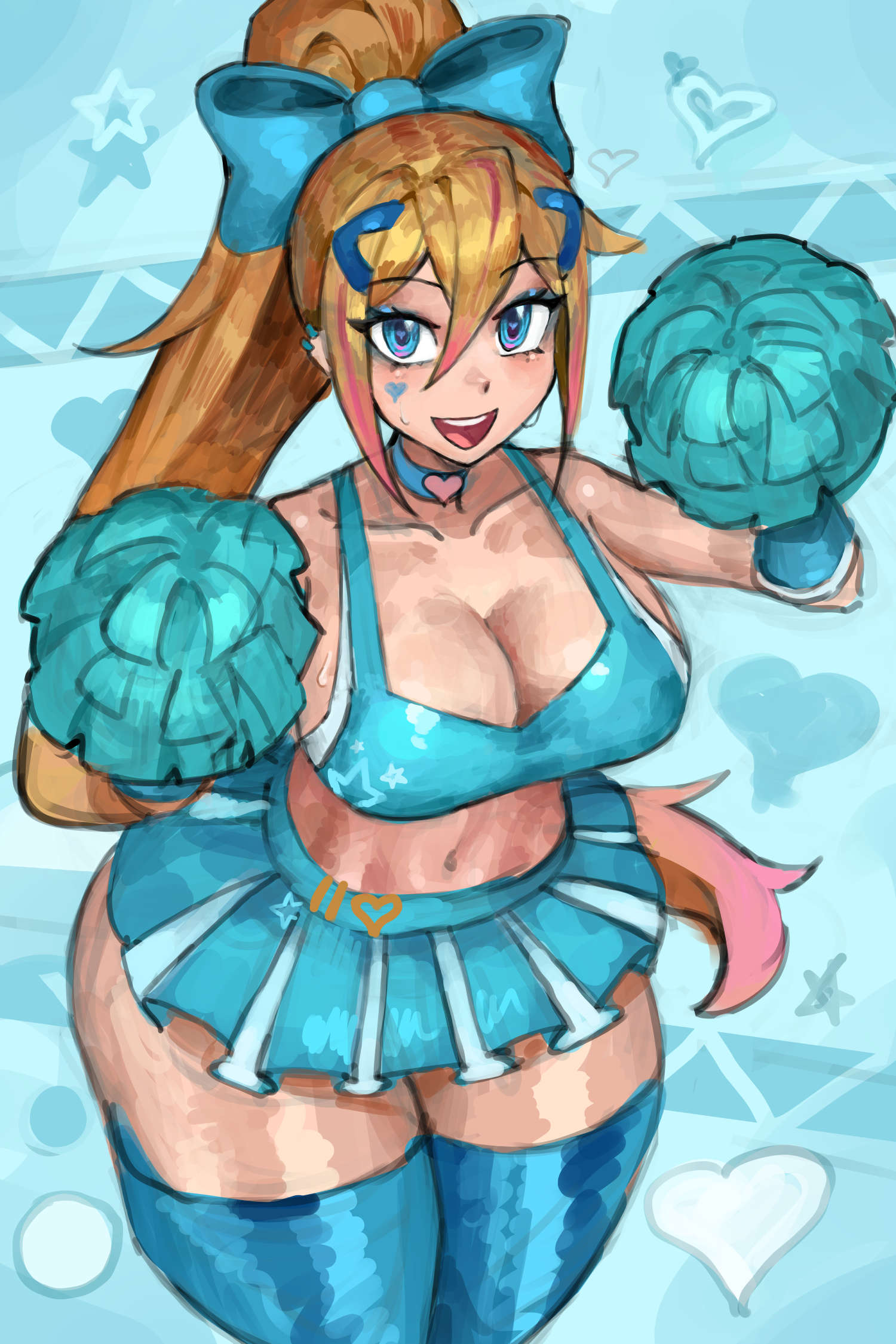 1girls, bimbo, blonde hair, blue eyes, cheerleader, cheerleader uniform, eyeshadow, female, female focus, female only, hi res, hips, long hair, looking at viewer, metroid, midriff, nintendo, pom poms, ponytail, saiykik, samus aran, thick thighs, thighhighs, thighs