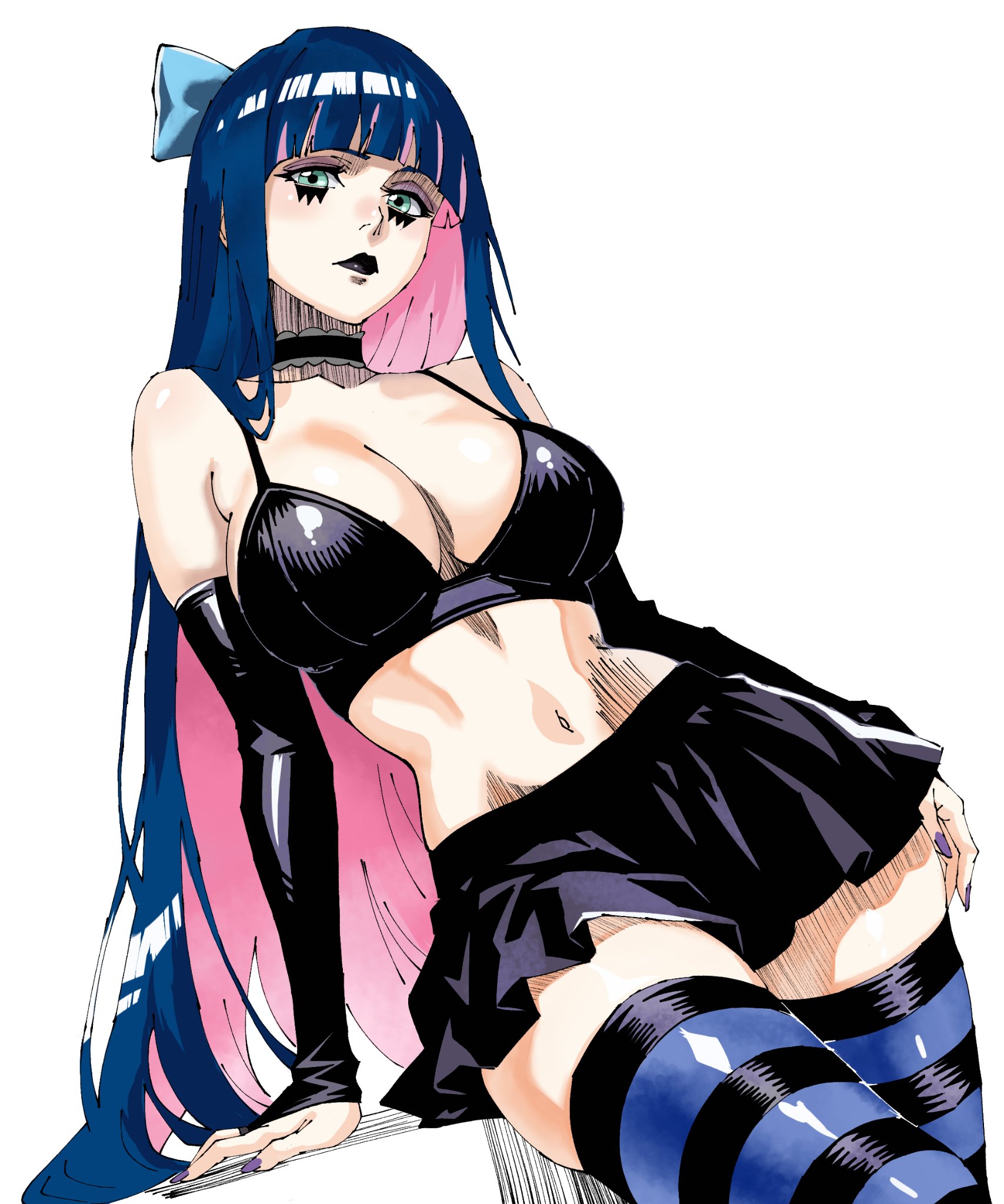 bad id, bad twitter id, black choker, black eyeshadow, black nails, blue eyes, blunt bangs, bow, breasts, choker, colored inner hair, eyeshadow, female, female only, goth fashion, hairbow, highres, large breasts, long hair, looking at viewer, lorna12155671, makeup, multicolored hair, panty & stocking with garterbelt, pink hair, purple hair, simple background, solo, stocking (psg), stocking anarchy, striped clothes, striped leggings, striped thighhighs, thighhighs, two-tone hair