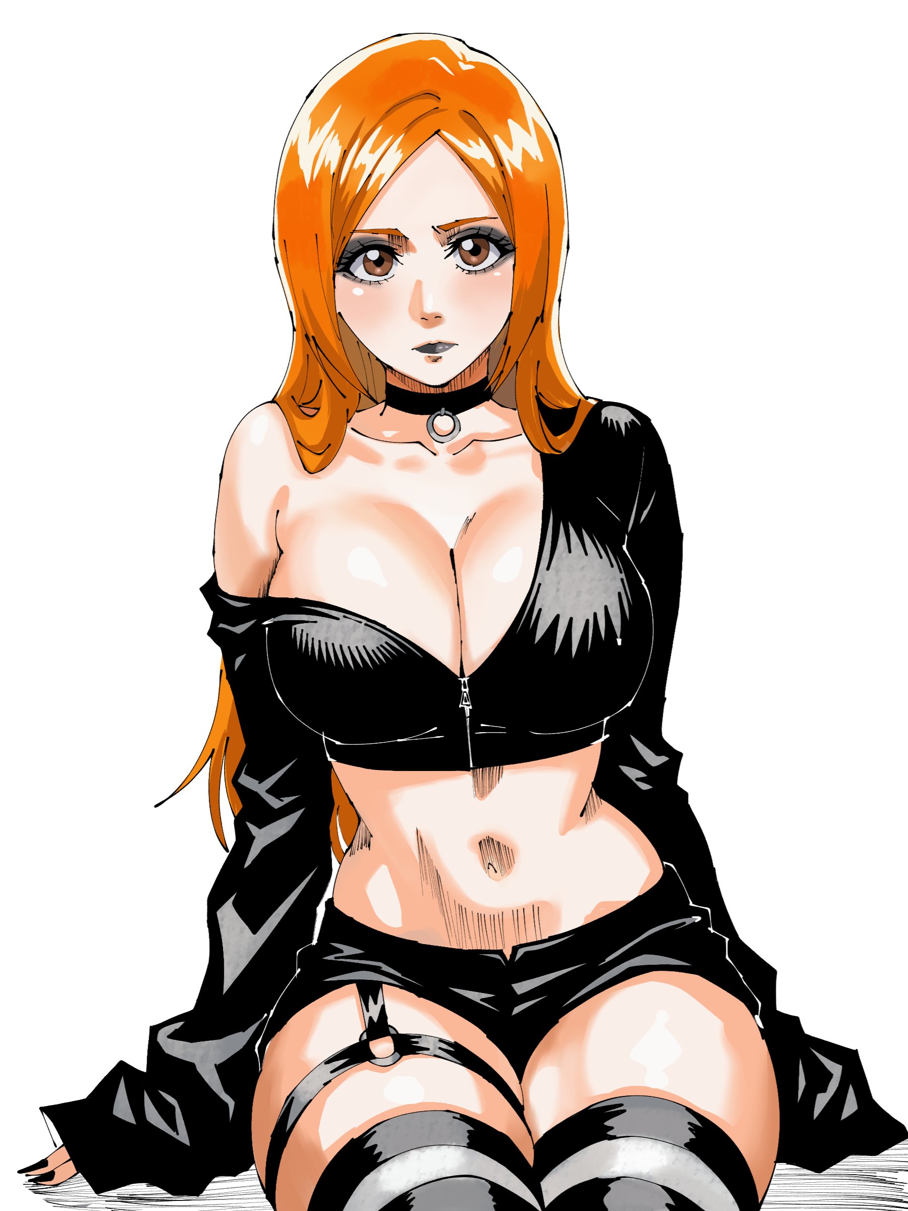 about to burst, absurdres, alternate costume, barely contained, barely contained breasts, barely fits, black choker, black eyeshadow, black jacket, black lips, black nails, black shorts, black thighhighs, bleach, breasts, breasts too big, brown eyes, bursting breasts, choker, cleavage, cropped jacket, eyeshadow, female, female only, goth fashion, highres, imminent wardrobe malfunction, inoue orihime, jacket, large breasts, long hair, looking at viewer, lorna12155671, makeup, navel, orange hair, short shorts, shorts, simple background, single sleeve past fingers, sleeves past wrists, solo, strained zipper, straining clothing, striped clothes, striped thighhighs, thighhighs, tight clothes, tight clothing, tight fit, too tight, undersized clothes, undersized clothing, white background, white thighhighs, zip up hoodie, zipper