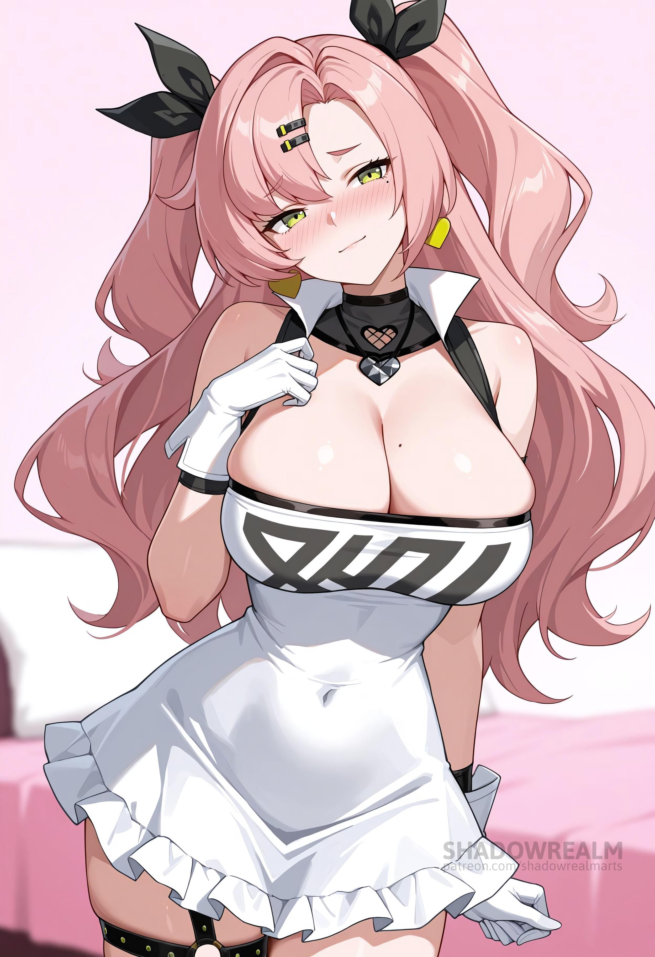 ai generated, bare shoulders, black ribbon, blush, breasts, cleavage, closed mouth, covered navel, cowboy shot, dress, earrings, female, gloves, green eyes, hair ornament, hair ribbon, hairclip, head tilt, jewelry, large breasts, long hair, looking at viewer, mole, mole on breast, mole under eye, nicole demara, pink hair, ribbon, shadowrealmarts, short dress, smile, solo, strapless, thigh strap, thighs, two side up, uncensored, white dress, white gloves, zenless zone zero