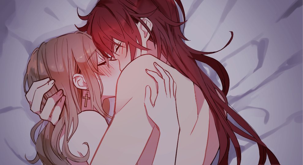 1boy, 1girls, closed eyes, couple, couple (romantic), diluc (genshin impact), female, genshin impact, hugging, implied sex, jean gunnhildr, kissing, male, male/female, passionate, passionate kiss, red hair, romantic, romantic couple, rome romedo, shirtless, straight, suggestive, topless