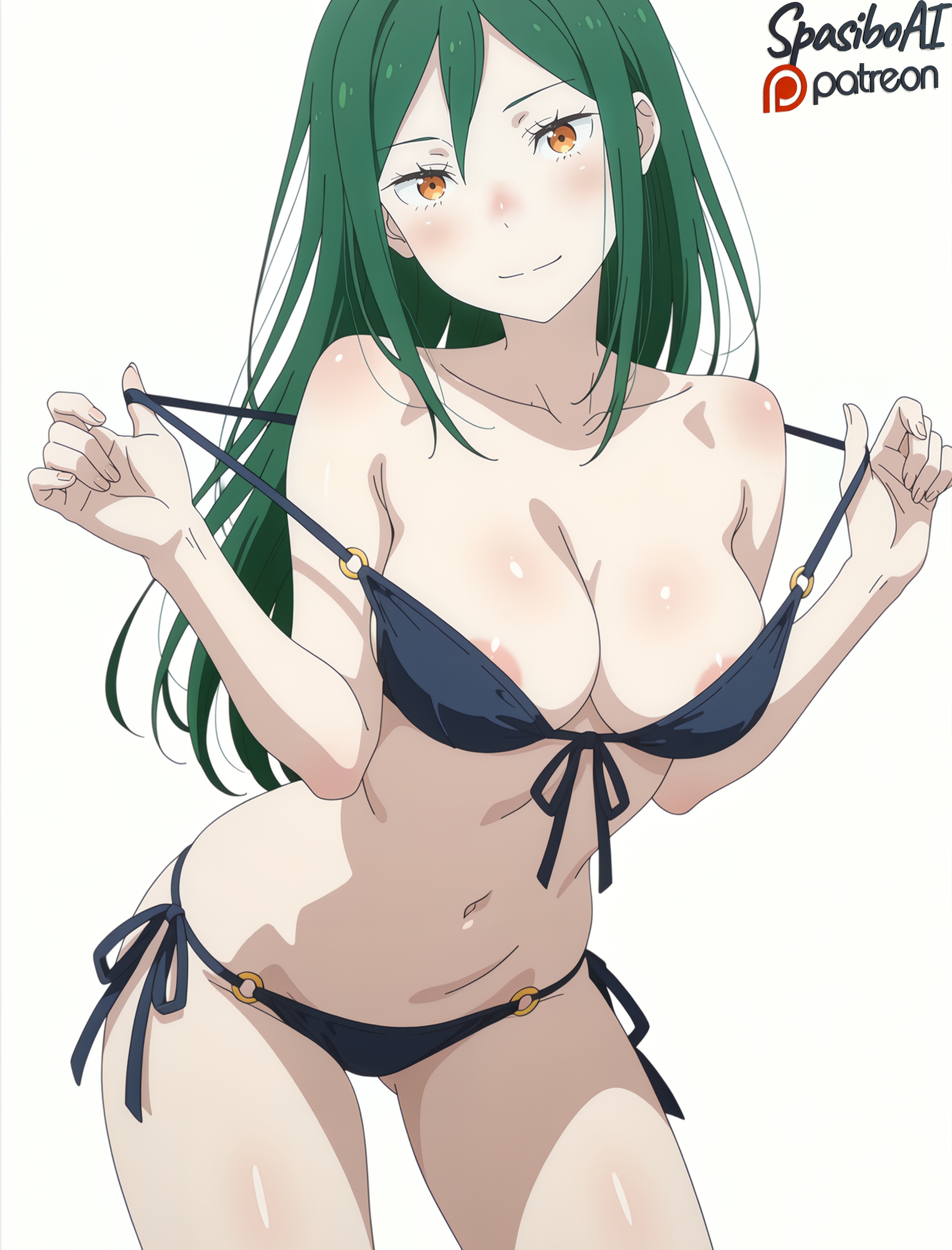 ai generated, areola slip, ass visible through thighs, bare arms, bare shoulders, bikini, bikini pull, black bikini, blush, breasts, cleavage, closed mouth, clothes pull, collarbone, contrapposto, cowboy shot, crusch karsten, female, front-tie bikini top, front-tie top, green hair, hair between eyes, hands up, head tilt, large breasts, leaning forward, light smile, long hair, looking at viewer, medium breasts, navel, o-ring, o-ring bikini, o-ring bottom, o-ring top, orange eyes, pulled by self, re:zero kara hajimeru isekai seikatsu, side-tie bikini bottom, sidelocks, simple background, smile, solo, spasibo15, standing, stomach, straight hair, strap lift, strap pull, string bikini, swimsuit, thighs, white background