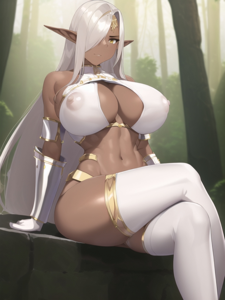 at bangs bare blush breasts circlet cleavage closed clothes covered crossed dark detached ear elbow elf eyes eyes female forest gloves hair huge jewelry large legs legwear long looking mouth nature navel nipples one ornament over pointy revealing see shiny shoulders silver sitting skin sleeveless sleeves solo strap thigh thighhighs thighs through very viewer white yellow