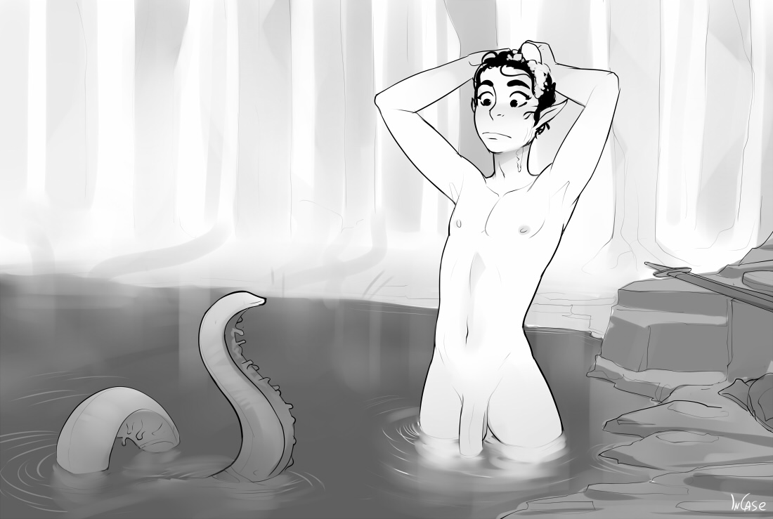 1boy, bath, elf, femboy, imminent tentacle rape, incase, male, male only, monochrome, nude, penis, pointy ears, solo, tentacle, tentacle on male, trap, water