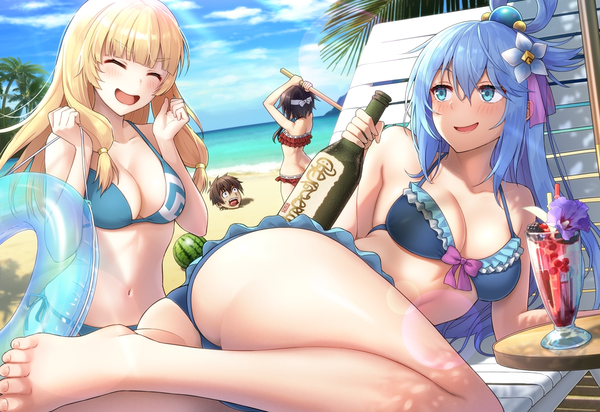 1boy, 3girls, adult, adult female, ankles, aqua (konosuba), ass, ass cleavage, back, bare back, bare belly, bare calves, bare chest, bare hands, bare hips, bare knees, bare legs, bare midriff, bare navel, bare shoulders, bare thighs, barefoot, beach, belly, belly button, big breasts, bikini, bikini bottom, bikini only, bikini top, blonde eyebrows, blonde female, blonde hair, blonde-haired female, blue bikini, blue bikini bottom, blue bikini top, blue eyebrows, blue eyes, blue hair, blue sky, blue string bikini, blue swimsuit, blue swimwear, blue-eyed female, blue-haired female, blunt bangs, blush, blushing female, blushing lines, breasts, brown eyebrows, brown hair, brown-haired female, busty, busty female, calves, cecily (konosuba), cleavage, closed eyes, clouds, coast, collarbone, curvaceous, curvaceous body, curvaceous female, curvaceous figure, curvaceous hips, curvaceous thighs, curvy, curvy body, curvy female, curvy figure, curvy hips, curvy thighs, day, daytime, digital, digital art, digital drawing, digital drawing (artwork), digital media, digital media (artwork), elbows, exposed arms, exposed back, exposed belly, exposed chest, exposed hips, exposed legs, exposed midriff, exposed navel, exposed shoulders, exposed skin, exposed thighs, exposed toes, eyebrows visible through hair, feet, female, female focus, fingernails, fingers, flower, flower hair ornament, flower in hair, flower on head, full body, gluteal fold, groin, hair between eyes, hair ornament, hair ring, half naked, half nude, halterneck, head tilt, high resolution, highres, horizon, kanden sky, knees, kono subarashii sekai ni shukufuku wo!, large boobs, large breasts, lean figure, legs, linea alba, lips, long hair, lying, lying down, lying on side, male, mature, mature female, median furrow, megumin, midriff, multiple females, multiple girls, naked, naked female, naked woman, narrow waist, navel, nude, nude female, nudity, ocean, on side, open mouth, open mouth smile, outdoor nudity, outdoors, outside, parted lips, plump breasts, red bikini, red bikini bottom, red bikini top, red string bikini, red swimsuit, red swimwear, sand, satou kazuma, sea, seaside, semi nude, shoulders, sidelocks, sky, slender body, slender waist, slim waist, smile, smiley face, smiling at another, smiling at partner, stomach, string bikini, swimsuit, swimwear, thick ass, thick butt, thighs, tilted head, toes, tongue, wide hips