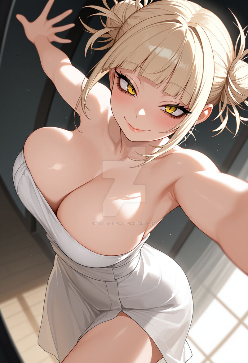 1girls, ai generated, big breasts, blonde hair, blonde-haired female, breasts, cleavage, deviantart username, female, female only, hair bun, himiko toga, human, light skin, light-skinned female, lips, looking at viewer, my hero academia, smile, solo, stellardiva, towel, towel only, watermark, yellow eyes