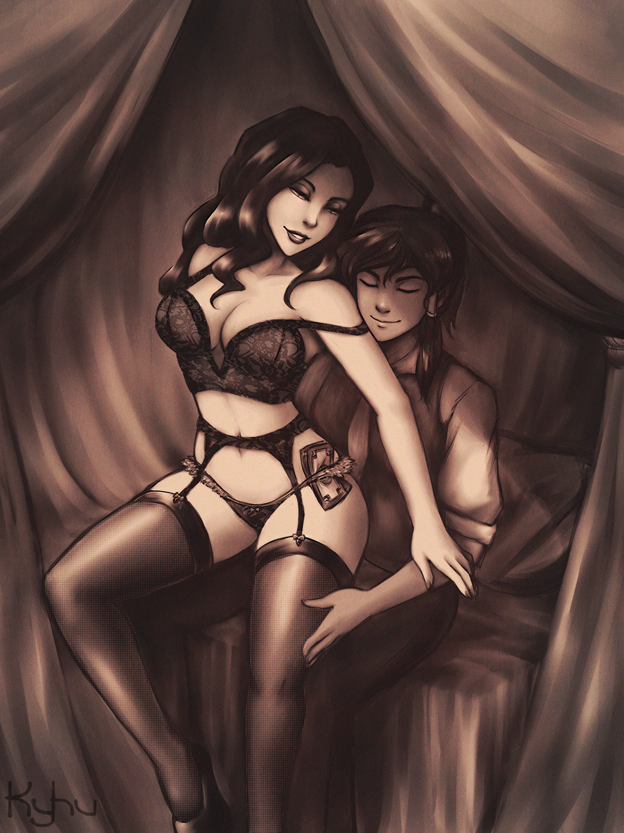 2girls artist_name asami_sato avatar_legends black_hair bra breasts busty canon_couple caressing cash chocolate_and_vanilla cleavage closed_eyes clothing dark-skinned_female dark_skin eyeliner eyeshadow female female_only garter_belt garter_straps hourglass_figure human interracial k-y-h-u korra lap_dance large_breasts lesbian light-skinned_female lingerie long_hair medium_breasts money monochrome multiple_females navel panties ponytail stockings stripper the_avatar the_legend_of_korra thighhighs tied_hair voluptuous water_tribe yuri