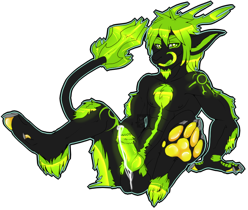 1boy barbs black_fur chest_tuft cum digitigrade dragon facial_hair fur glowing goatee green_eyes green_fur green_penis hairy hairy_legs horn looking_at_viewer lucky_kwanger male male_only northern_dragon nude paws penis pubes sitting solo spiked_tail tomoyuki tongue tuft yellow_pawpads