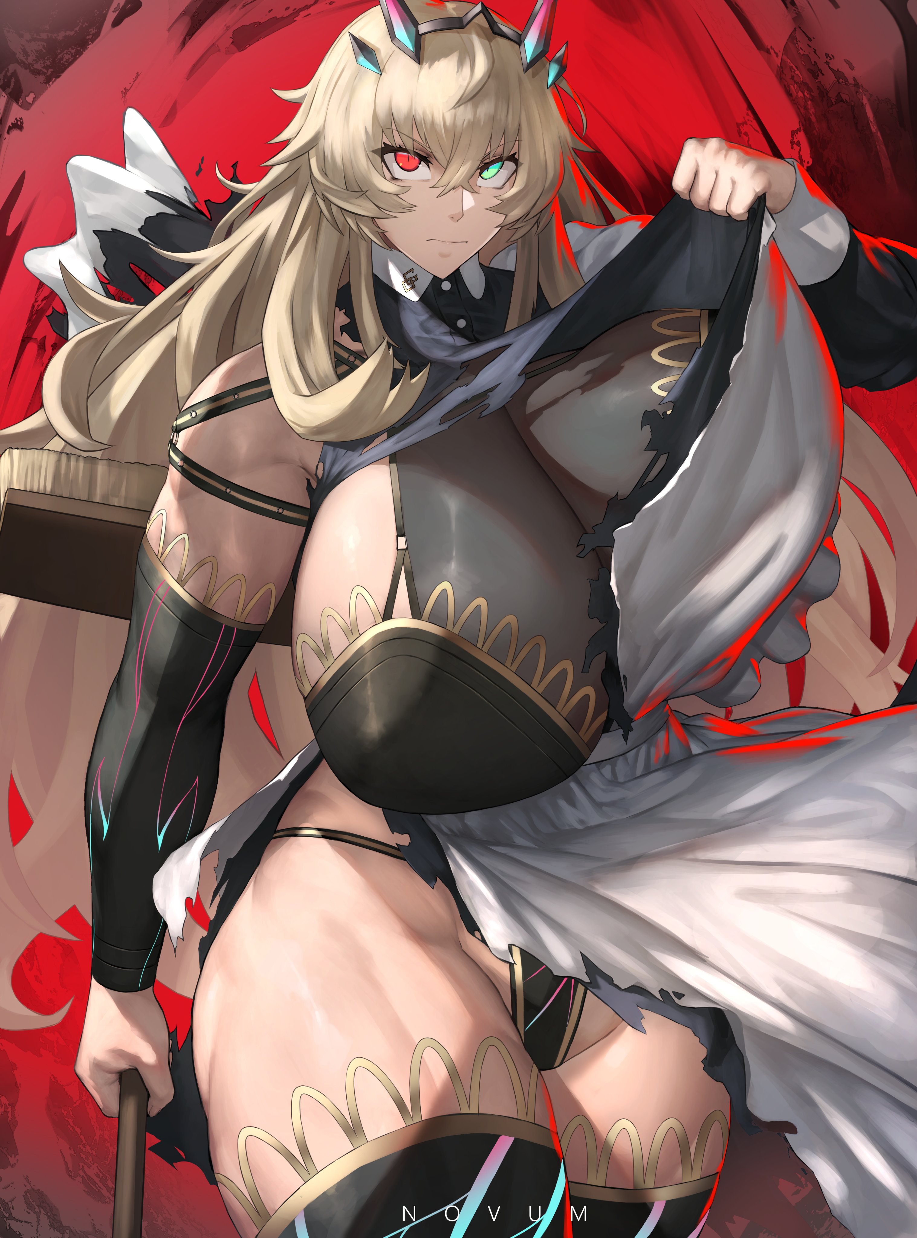 1girls, artist name, barghest (gawain) (fate), big breasts, big thighs, breasts, breasts bigger than head, cleavage, clothing, eyebrows, eyebrows visible through hair, eyelashes, fate (series), fate/grand order, female, female focus, female only, gigantic breasts, green eyes, heterochromia, huge breasts, huge thighs, large breasts, large thighs, light skin, light-skinned female, maid uniform, muscular, muscular female, muscular thighs, novum, red eyes, removing clothing, ripped clothing, ripping clothing, slit pupils, solo, solo female, solo focus, thick thighs, thighs, wardrobe malfunction