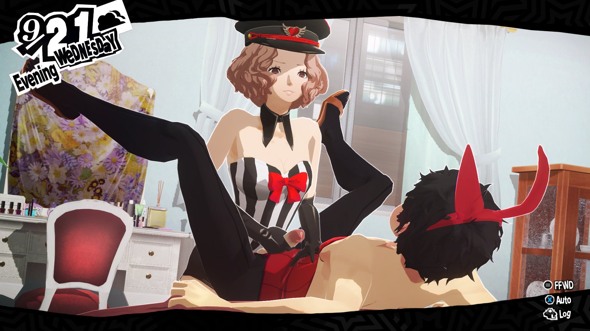 1boy, 1girls, 3d, assertive female, bdsm, bed, bedroom, bow, bunny boy, bunny ears, bunnysuit, collar ring, crossdressing, femdom, haru okumura, hat, hi res, holding penis, implied pegging, indoors, joker (persona), leotard, malesub, military hat, off shoulder, on bed, pantyhose, penis, persona, persona 5, precum, sandals, smile, spread legs, strapless, uriziel38