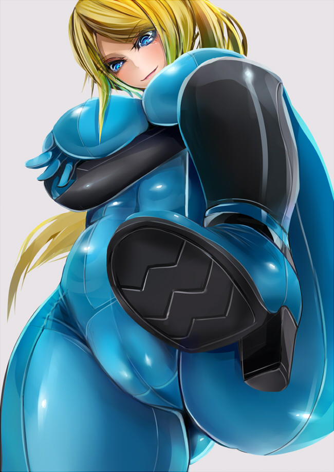 blonde hair, blue eyes, bodysuit, boots, breast squish, breasts, cameltoe, female, female only, femdom, grin, high heel boots, human, metroid, mitsuya handoru, nintendo, pov, pussy, samus aran, skin tight, solo, trampling, zero suit, zero suit samus
