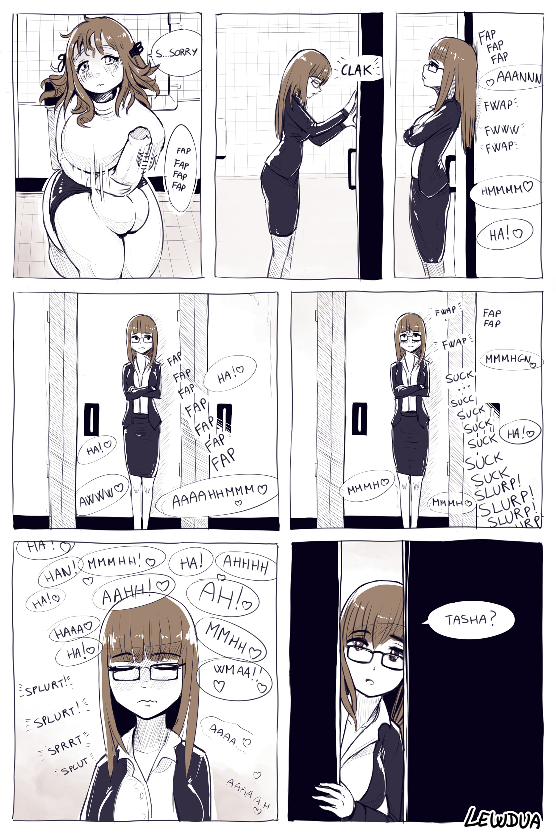 absurdres, balls, comic, dickgirl, erection, futanari, highres, huge cock, intersex, karen (lewdua), lewdua, masturbation, monochrome, natasha (lewdua), penis, sisters, speech bubble, testicles, text