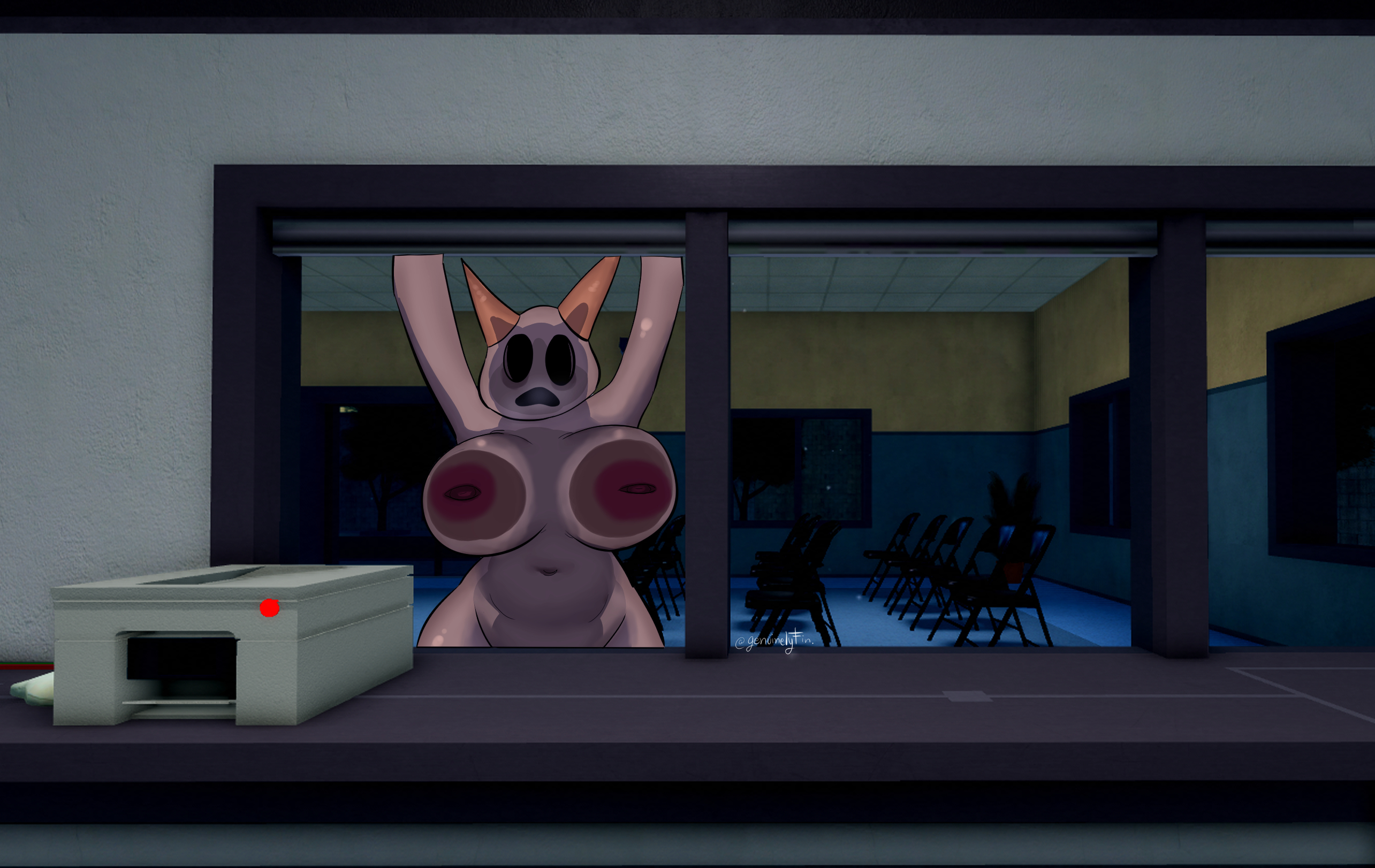 1girls, 3d background, animal hospital, areolae, big breasts, breath, genuinelyfin, head banger (animal hospital), leaning against window, leaning forward, roblox, roblox background, roblox game, screencap background, self upload, tagme, window