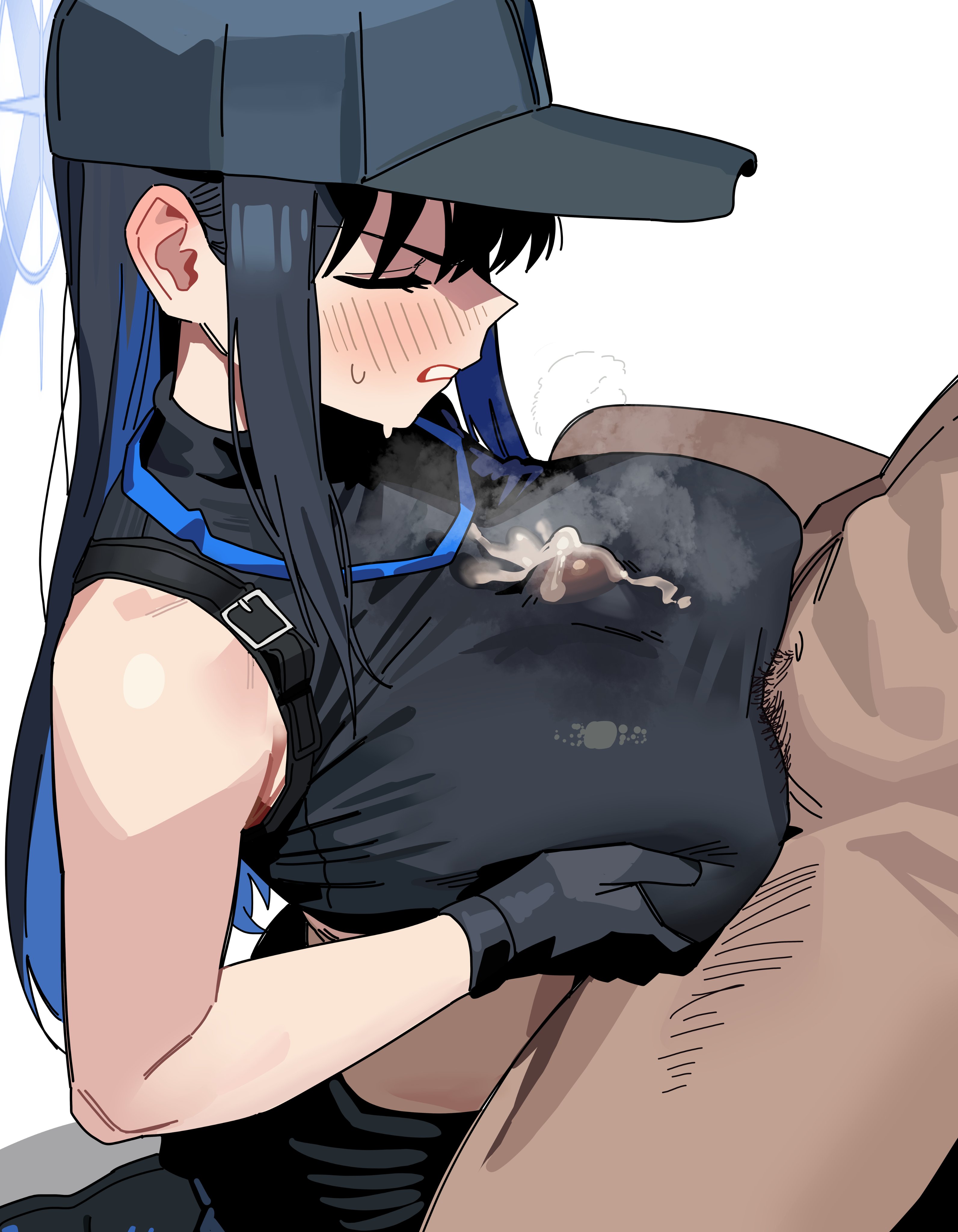 1boy, 1girls, big breasts, blue archive, cum on breasts, cum on clothes, dark-skinned male, large breasts, paizuri, paizuri under clothes, ruppu, saori (blue archive), steam, titjob