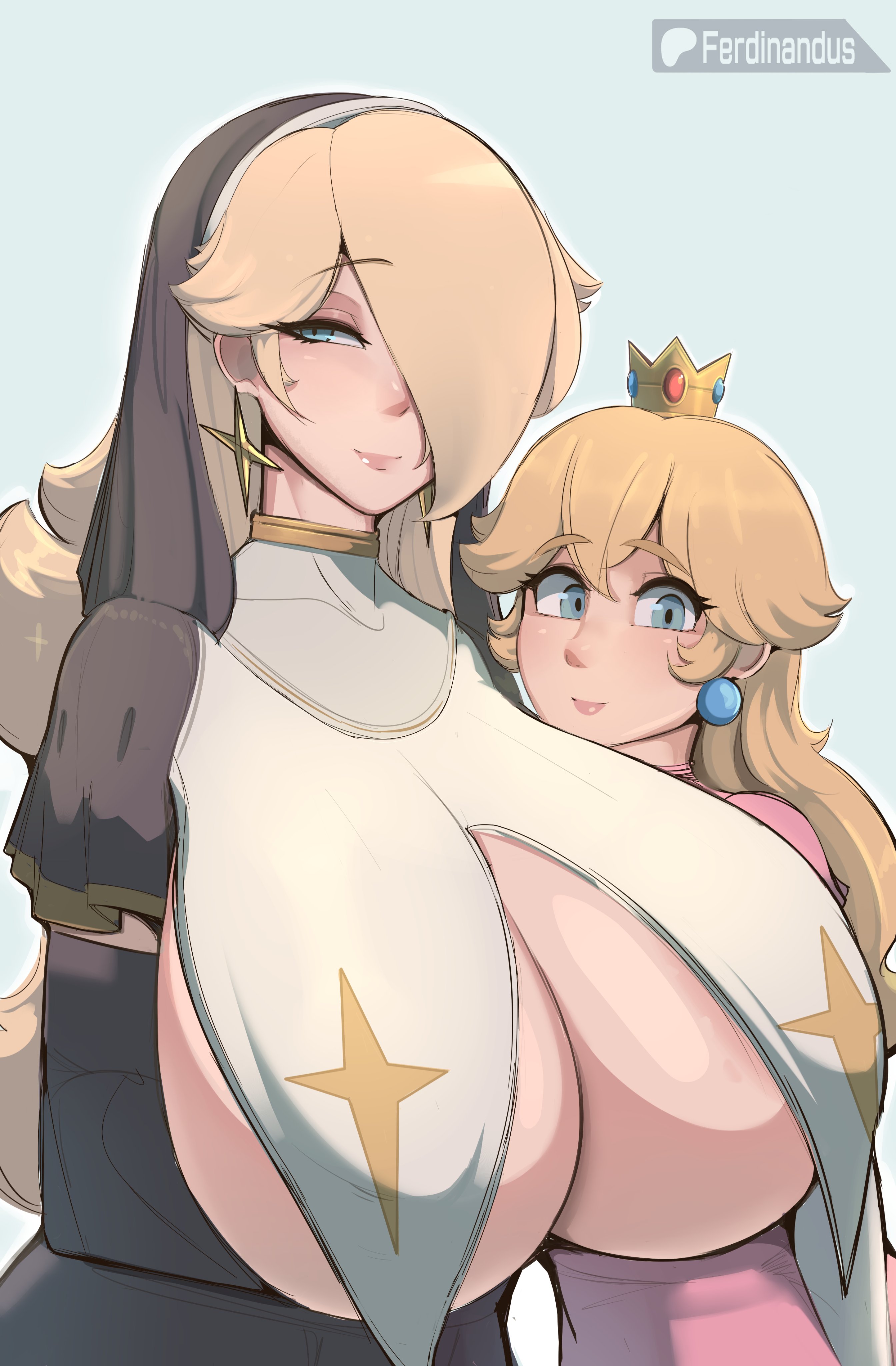 2girls, ass, breasts, female, female focus, female only, ferdinandus, hair over one eye, hi res, large ass, large breasts, light skin, light-skinned female, mario (series), princess peach, princess rosalina, thick thighs, thighs, wide hips