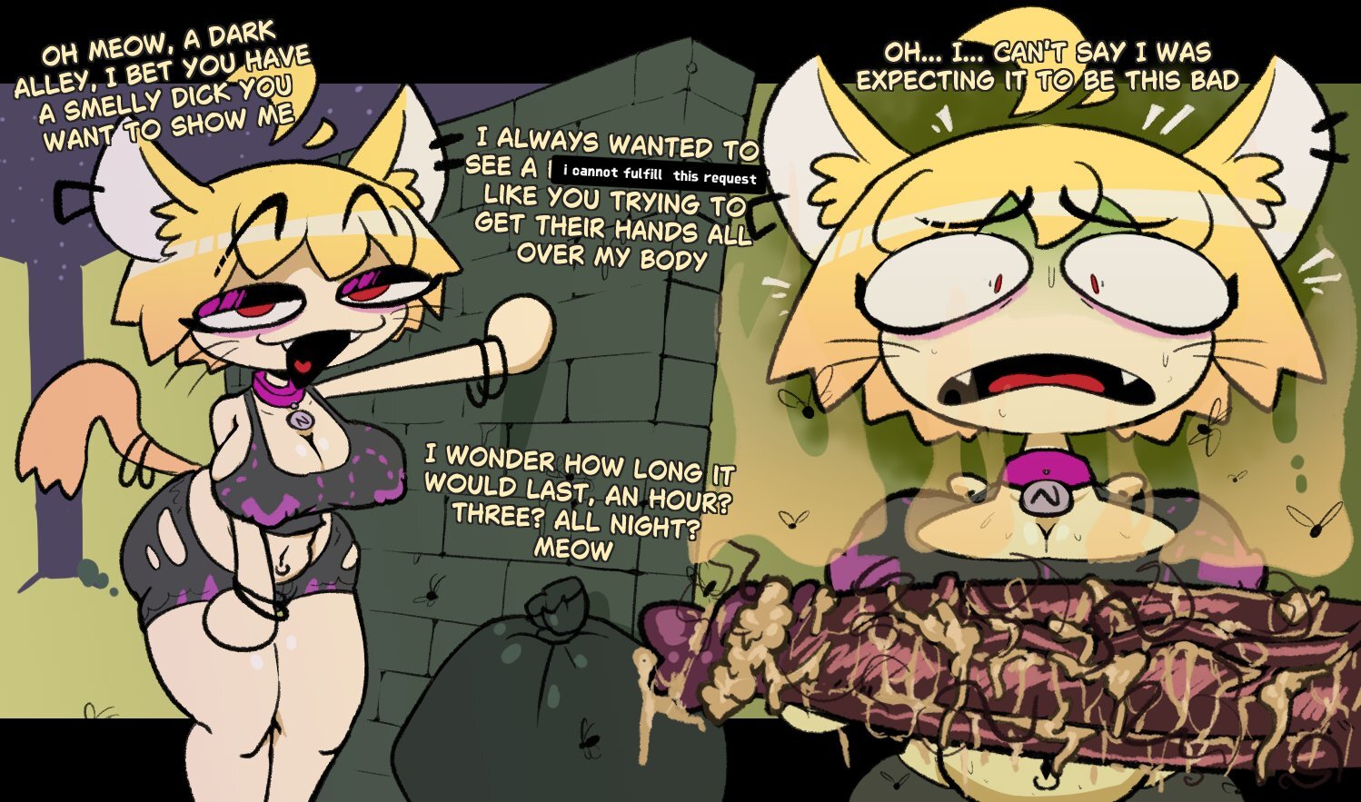 algob4v, ass, bav, before and after, big ass, big breasts, big penis, breasts, dark skin, dark-skinned male, disgusted, flies for smell, furry, massive penis, neco-arc, night, night sky, outside, penis, penis awe, penis out, shocked, shocked expression, smegma, smell, smelly, smelly cock, surprised, surprised expression, text, tsukihime, type-moon, uncensored