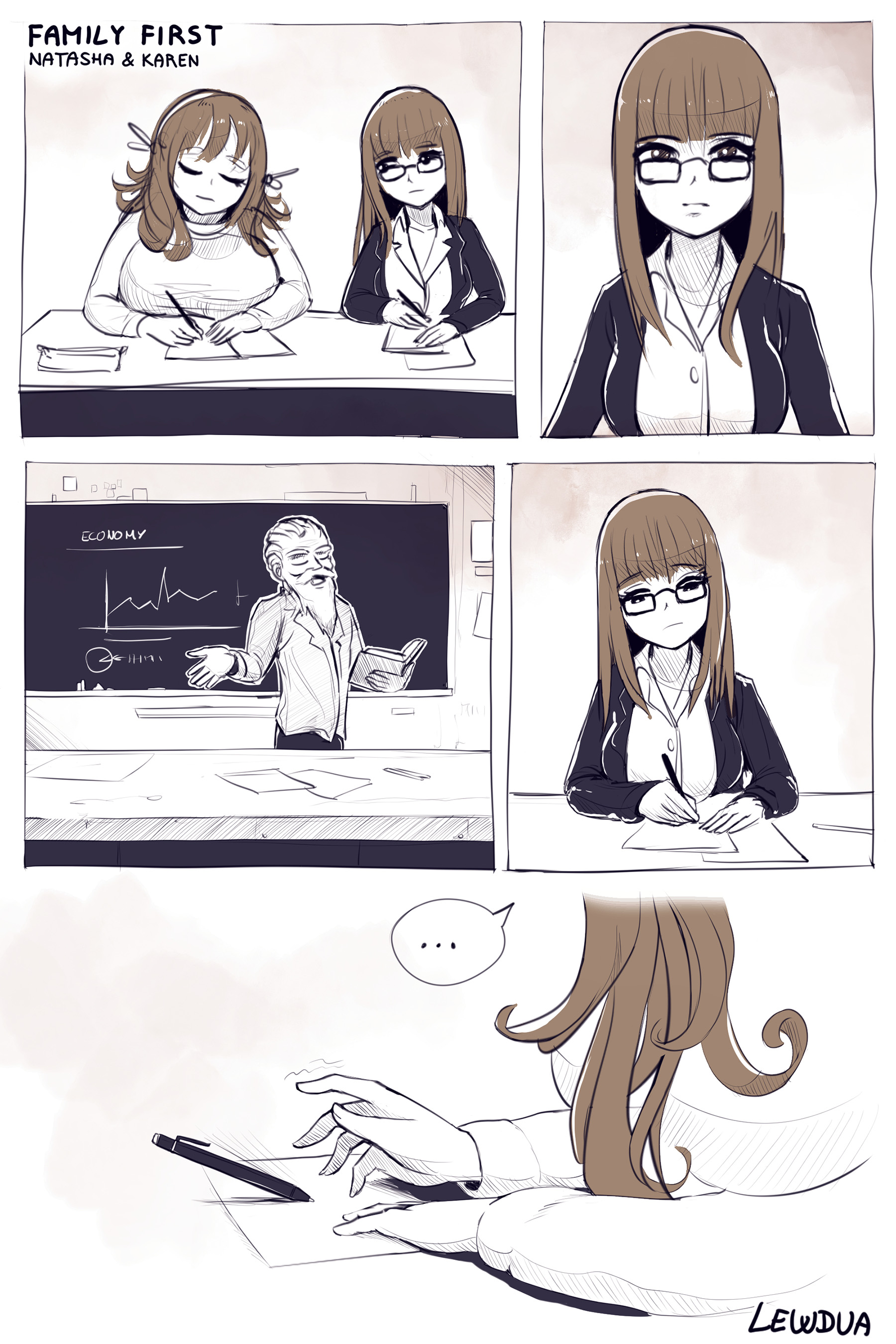 1futa, absurdres, comic, futanari, highres, intersex, karen (lewdua), lewdua, monochrome, natasha (lewdua), sisters, speech bubble, text