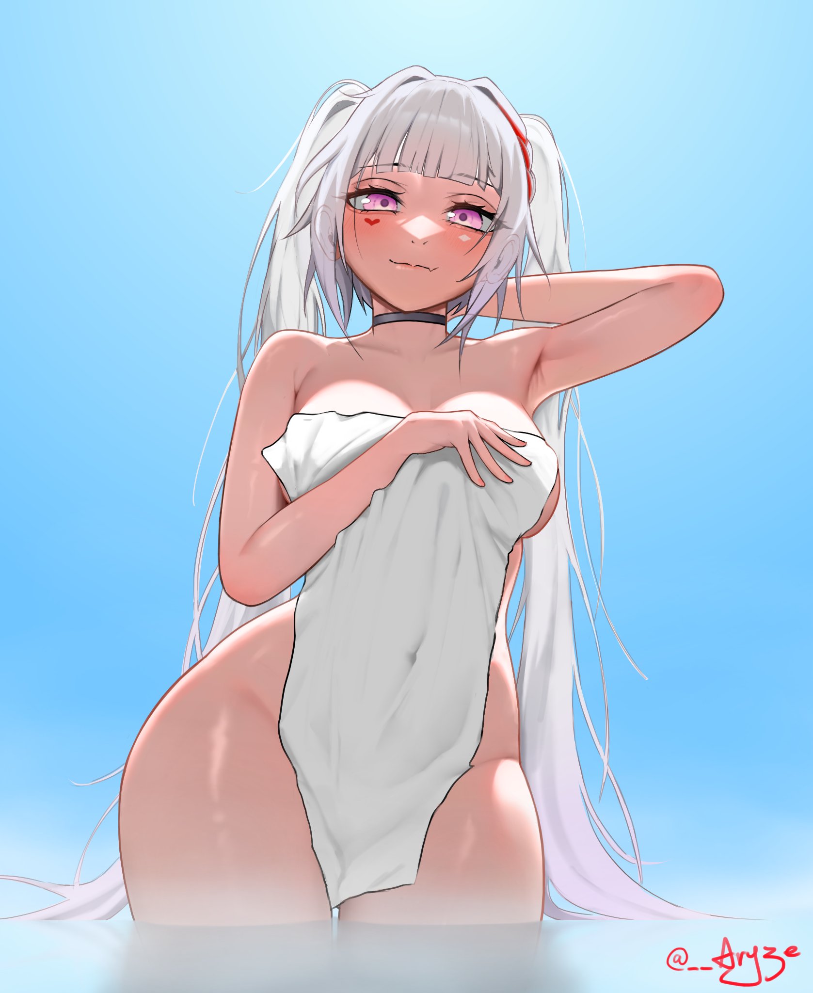1girl, armpit, armpits, aryze, belly button, choker, curvy, hand on head, honkai: star rail, hourglass figure, hourglass figured female, hoyoverse, looking at viewer, looking down, mihoyo, mihoyo technology (shanghai) co. ltd., petite, petite body, pink eyes, shiny skin, slim waist, solo, solo female, solo focus, sparxie (honkai: star rail), thick thighs, towel, towel only, twintails, water, white hair, wide hips
