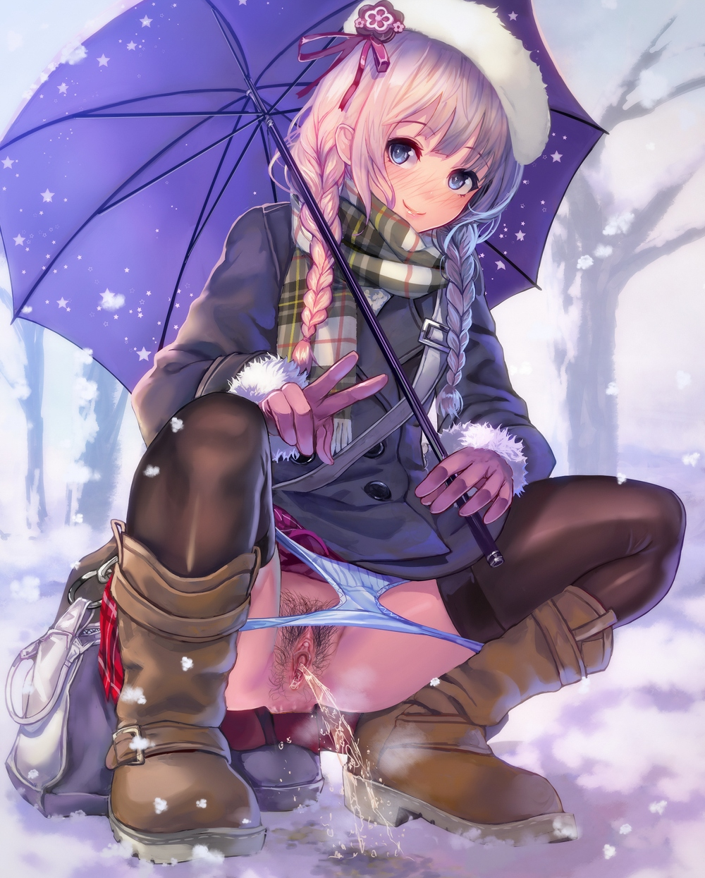 bag black_legwear blue_eyes blush boots braid chikokuma coat detailed_pussy female gloves hair_ornament hair_ribbon hat highres long_hair original panties panty_pull peeing pink_hair pubic_hair pussy ribbon scarf skirt snow solo squatting thighhighs tied_hair twin_braids twintails umbrella uncensored underwear v white_panties