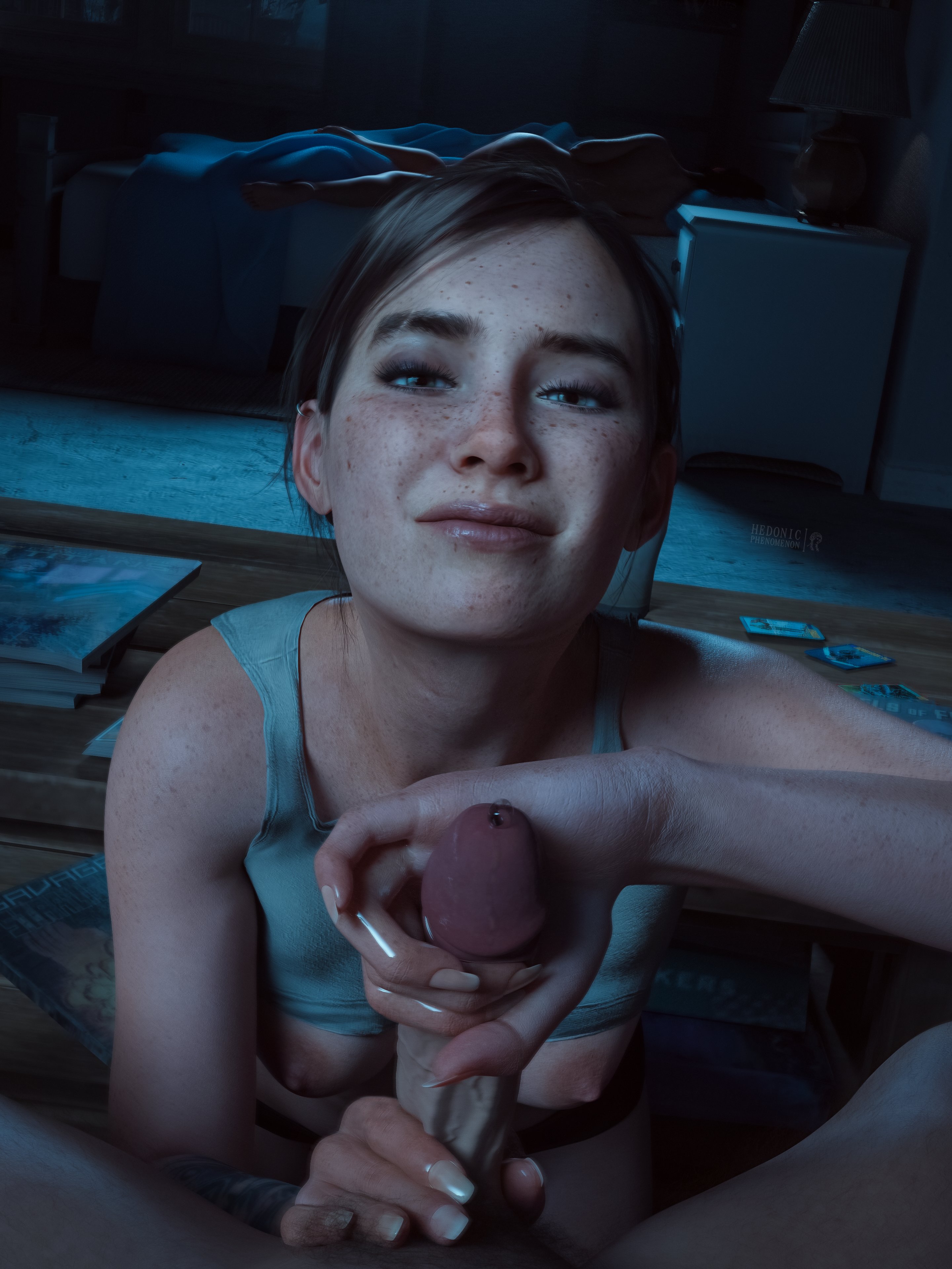 1boy, 1girls, 3d, brown eyes, dina (the last of us), ellie (the last of us), ellie williams, female, female focus, freckles, handjob, hedonicphenomenon, male, male pov, medium breasts, naughty dog, penis, pov, realistic, tagme, the last of us, the last of us 2