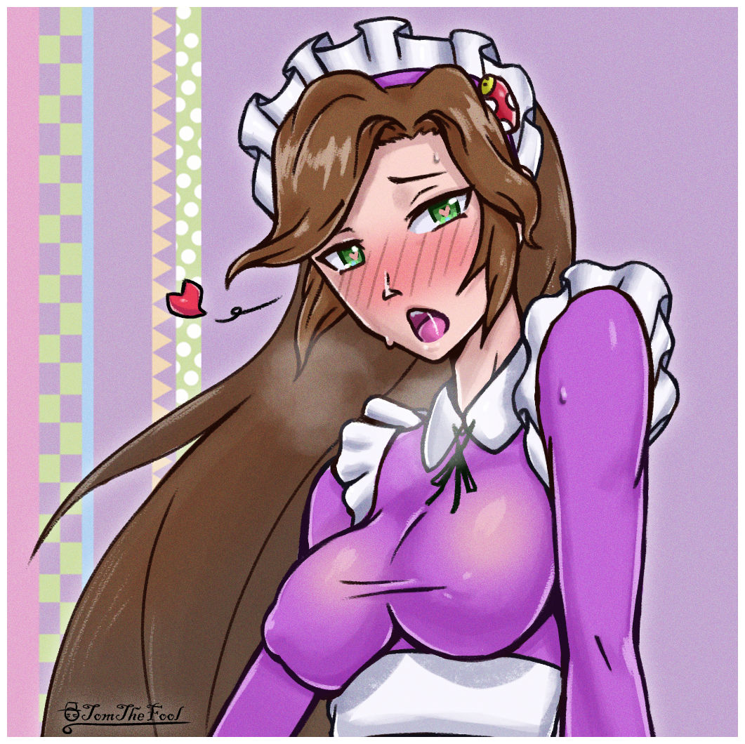 big_breasts blush breath brown_hair erect_nipples female heart-shaped_pupils jojo's_bizarre_adventure maid shuckmeister sweatdrop tomthefool