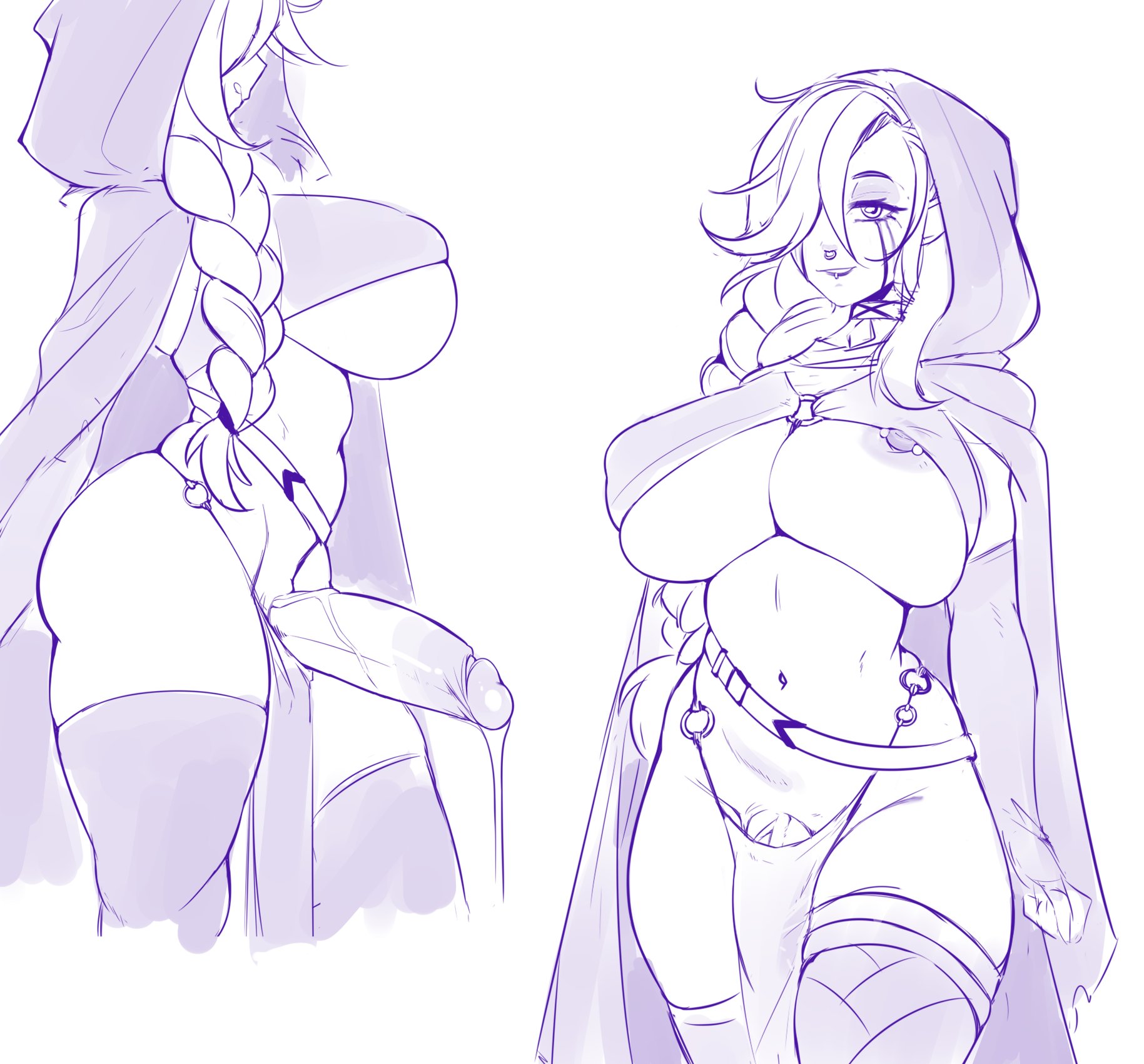ater18, clothed, futanari, mostly nude, sketch, solo, solo futa, thick thighs